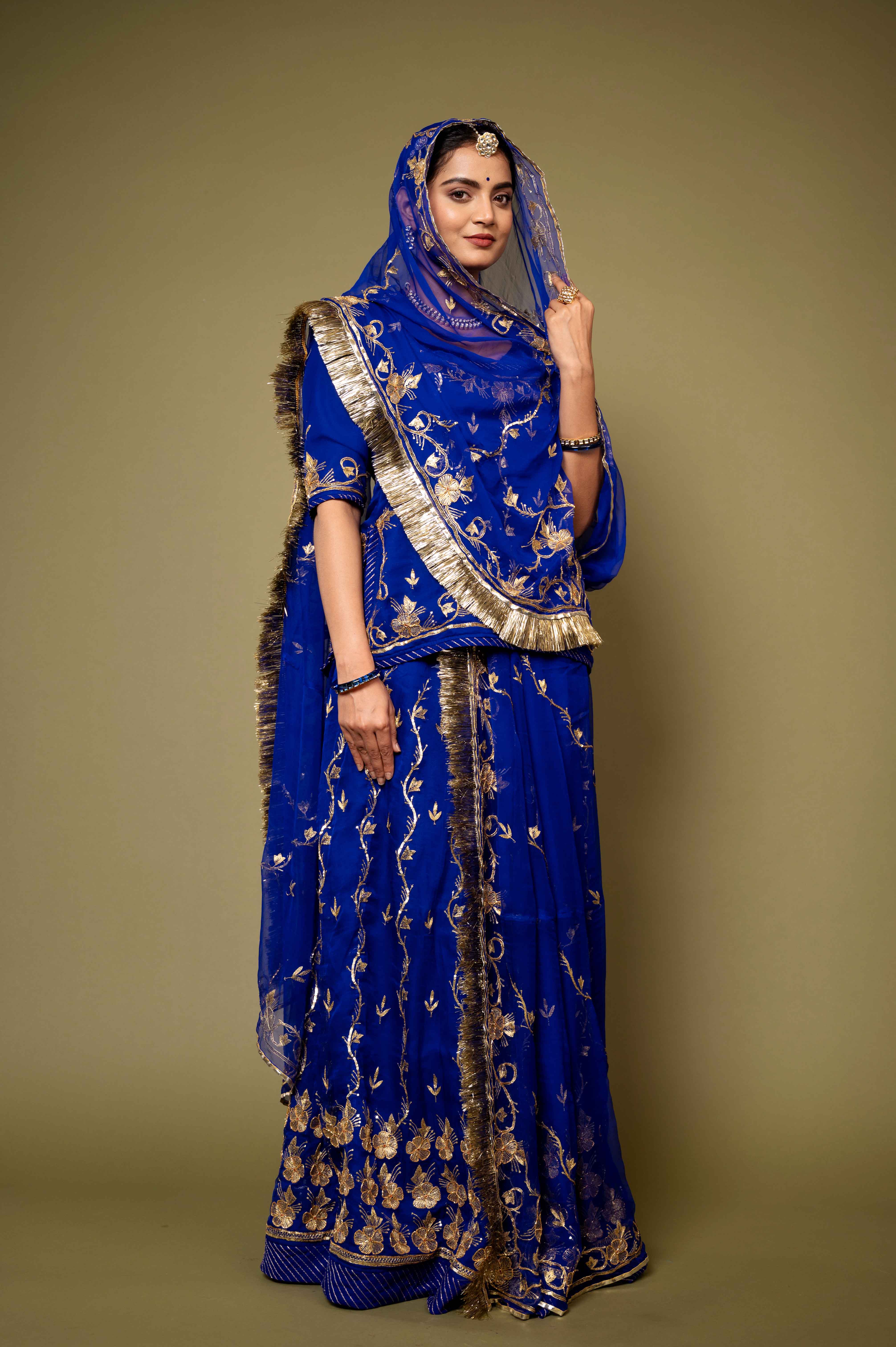 Royal Blue bamber satin aari zardozi handwork rajputi Poshak with pure odhna