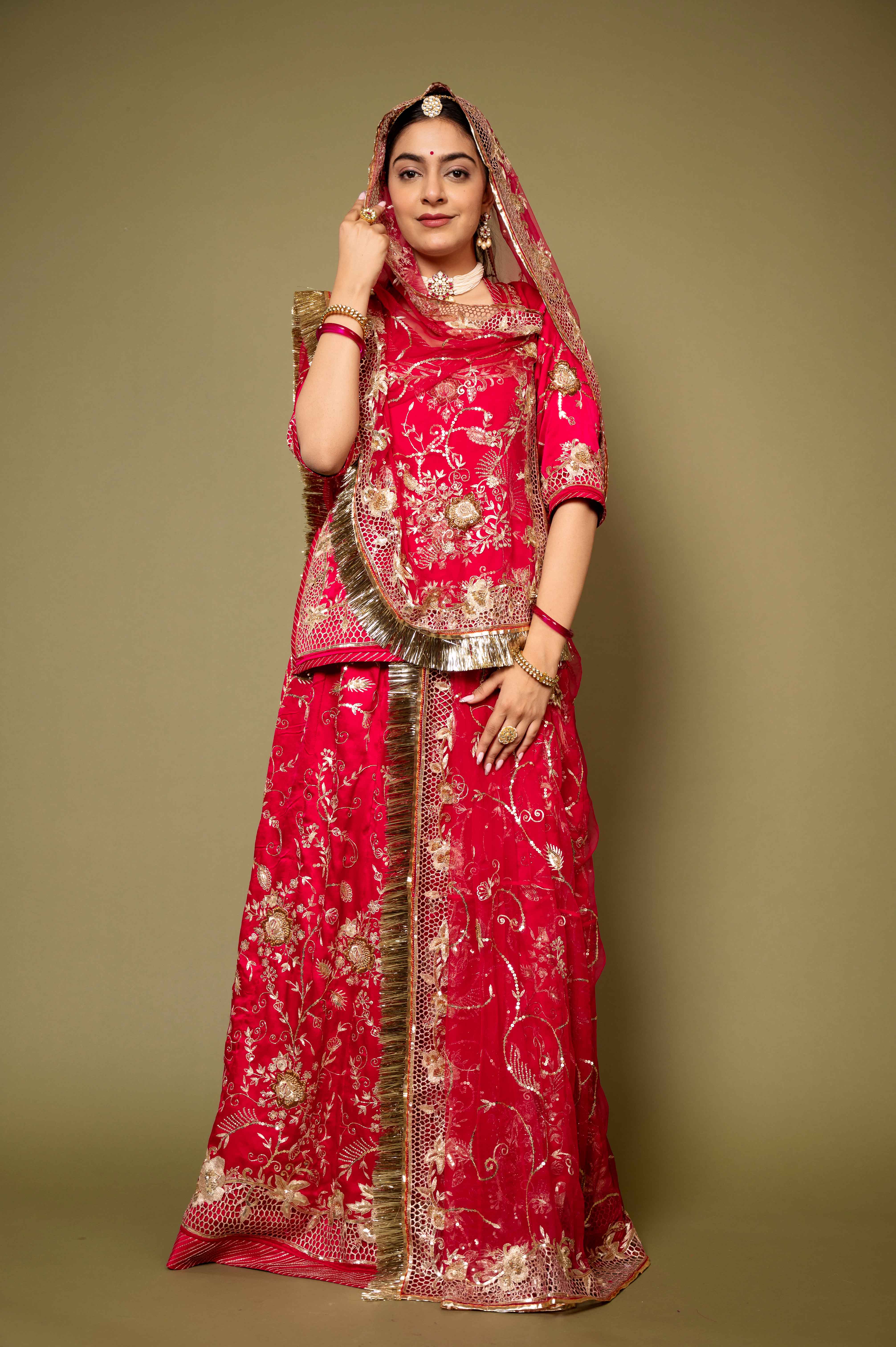 rani pure satin aari zardozi cut work handwork rajputi Poshak with pure odhna