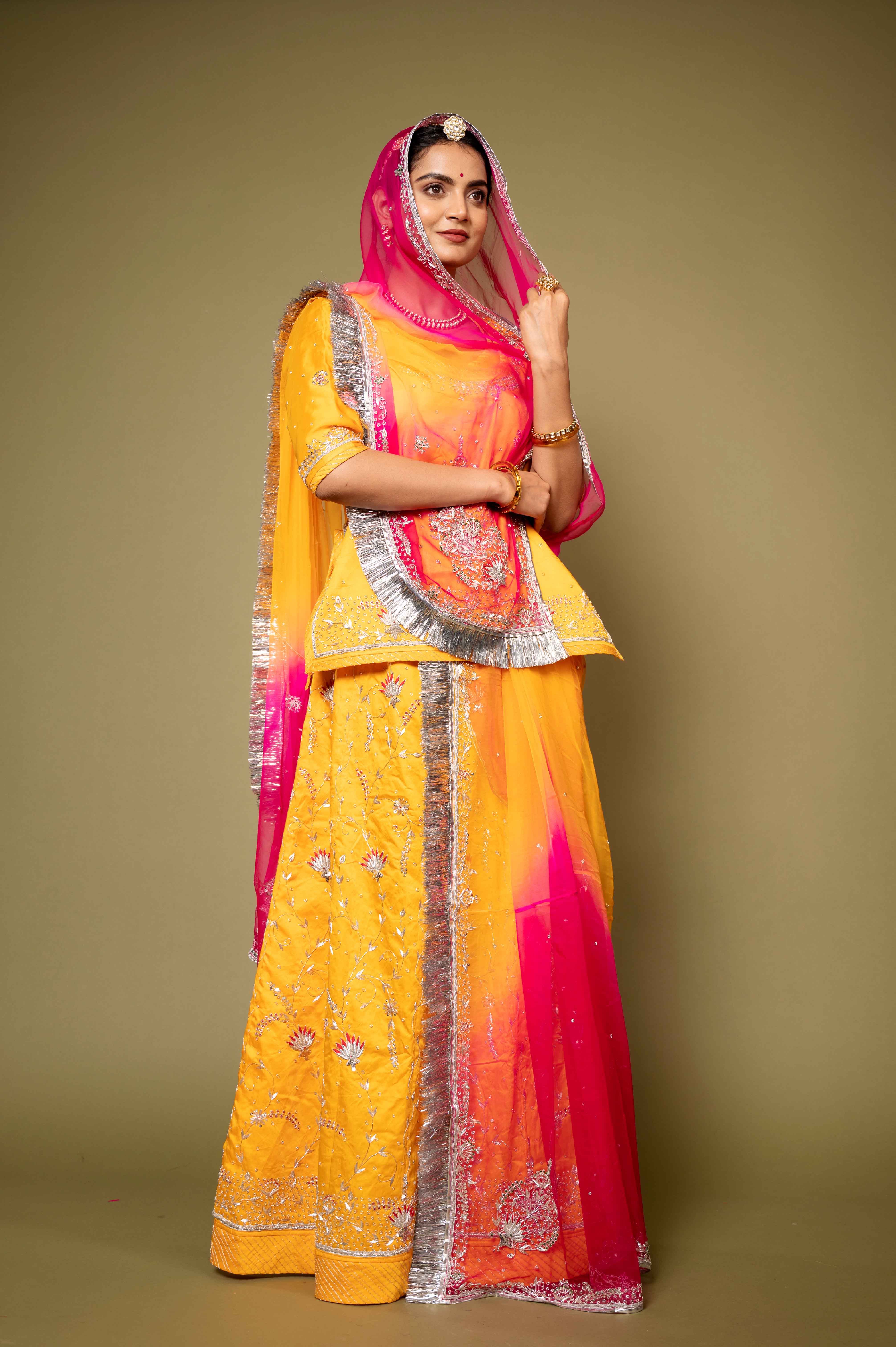 yellow bamber satin aari zardozi handwork rajputi Poshak with pure odhna