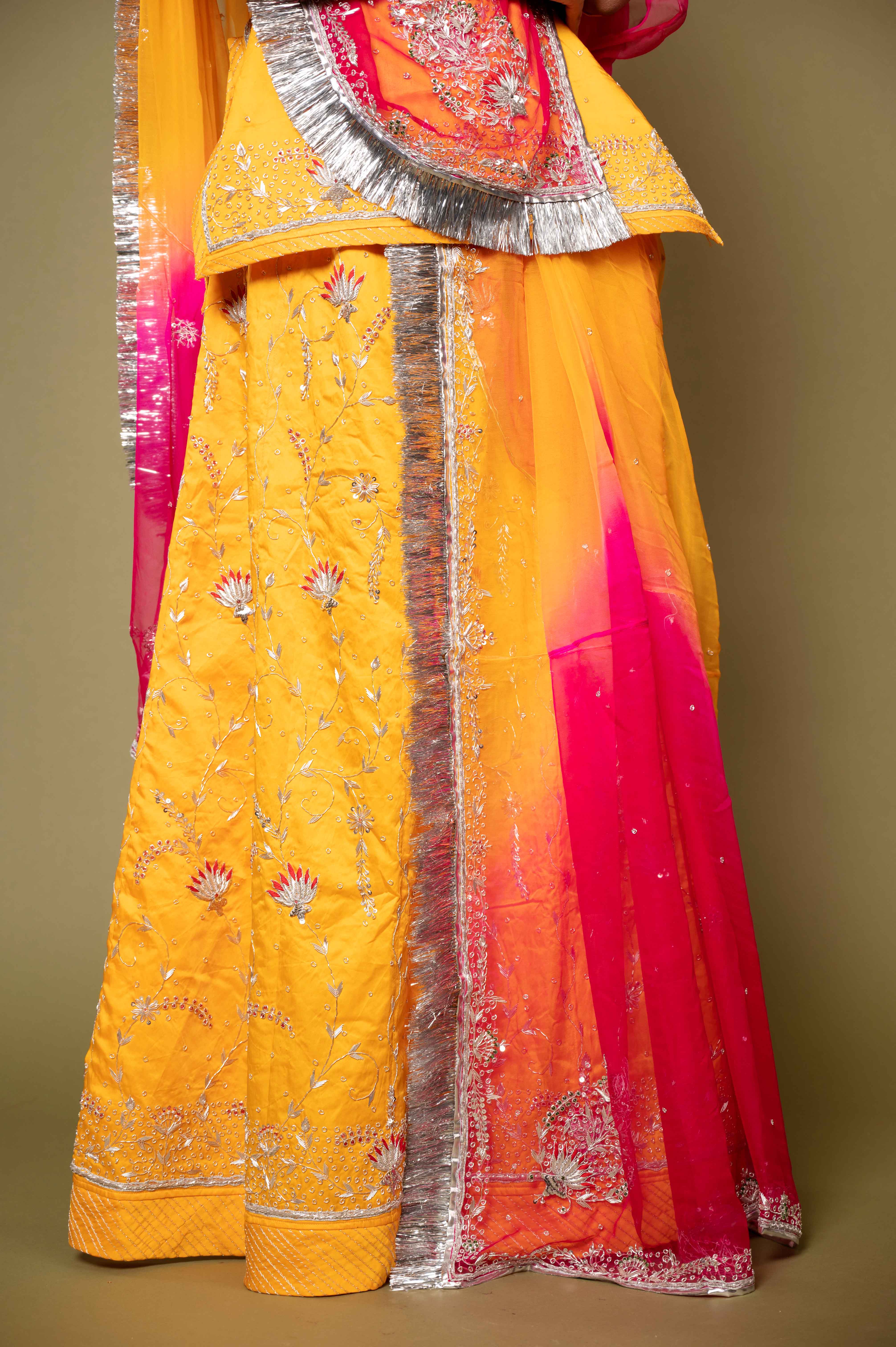 yellow bamber satin aari zardozi handwork rajputi Poshak with pure odhna