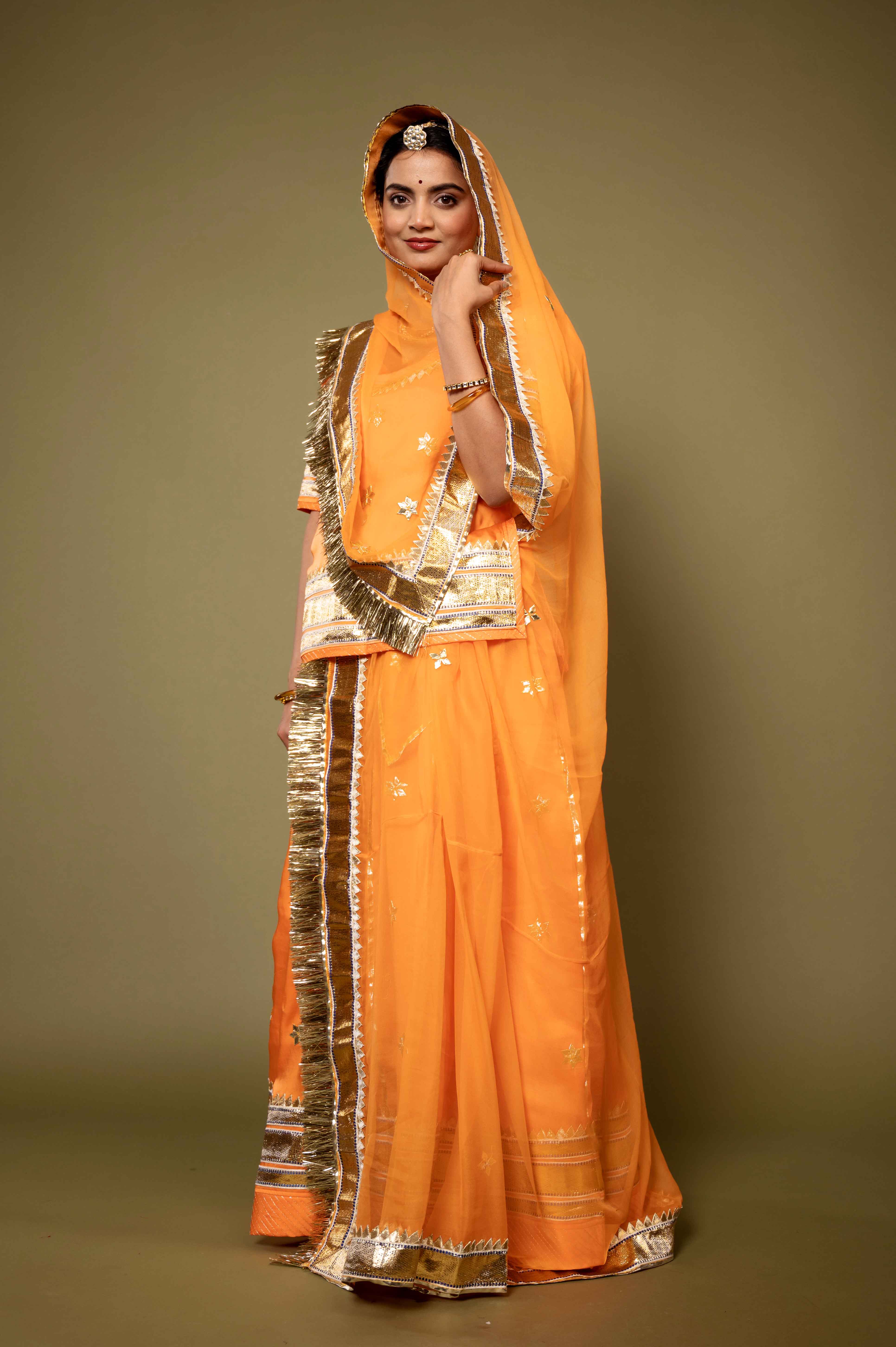 orange bamber satin gotta patti laffa handwork rajputi Poshak with pure odhna