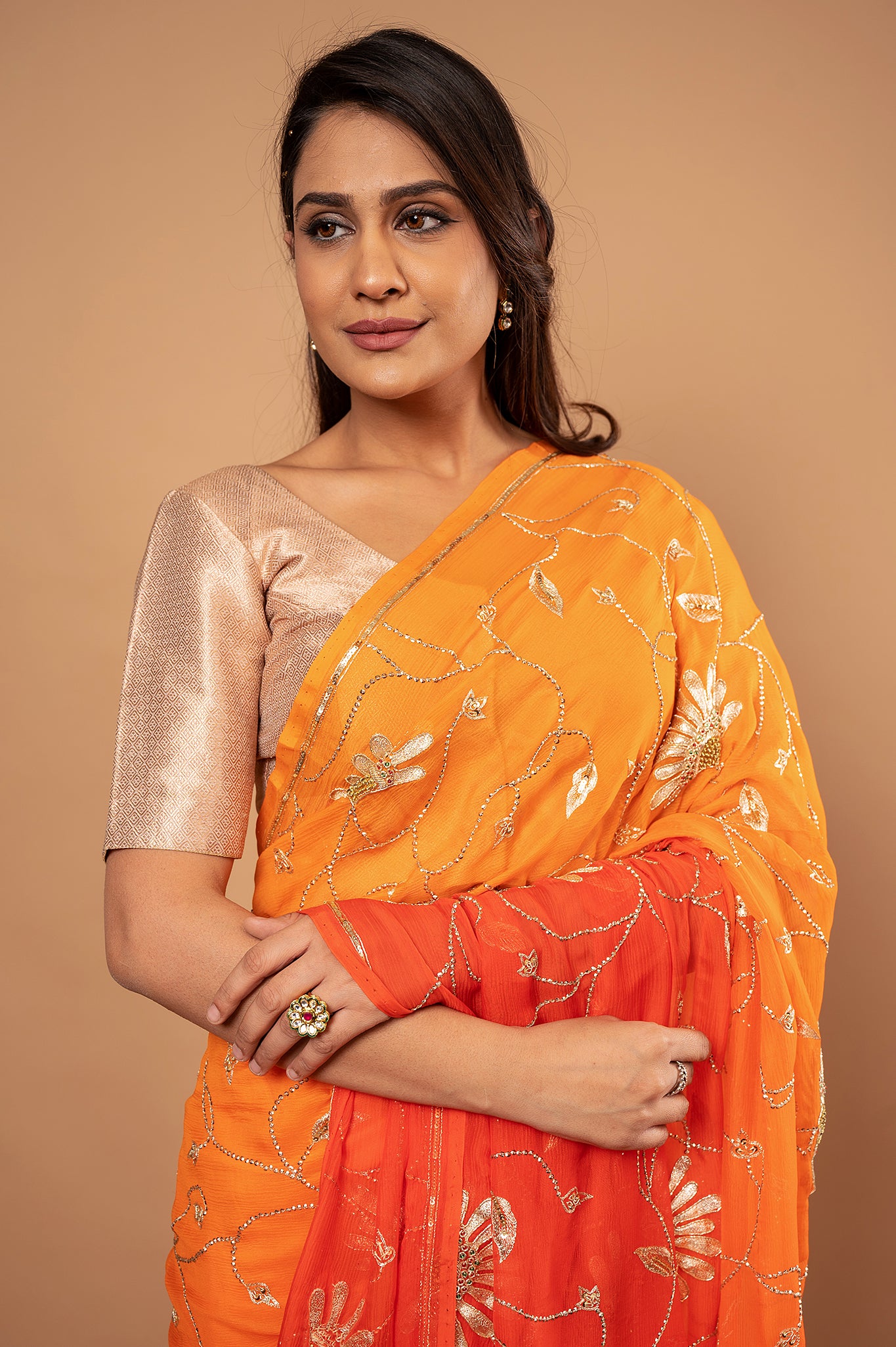 Orange light dark pure chiffon aari sequins jaal handwork saree