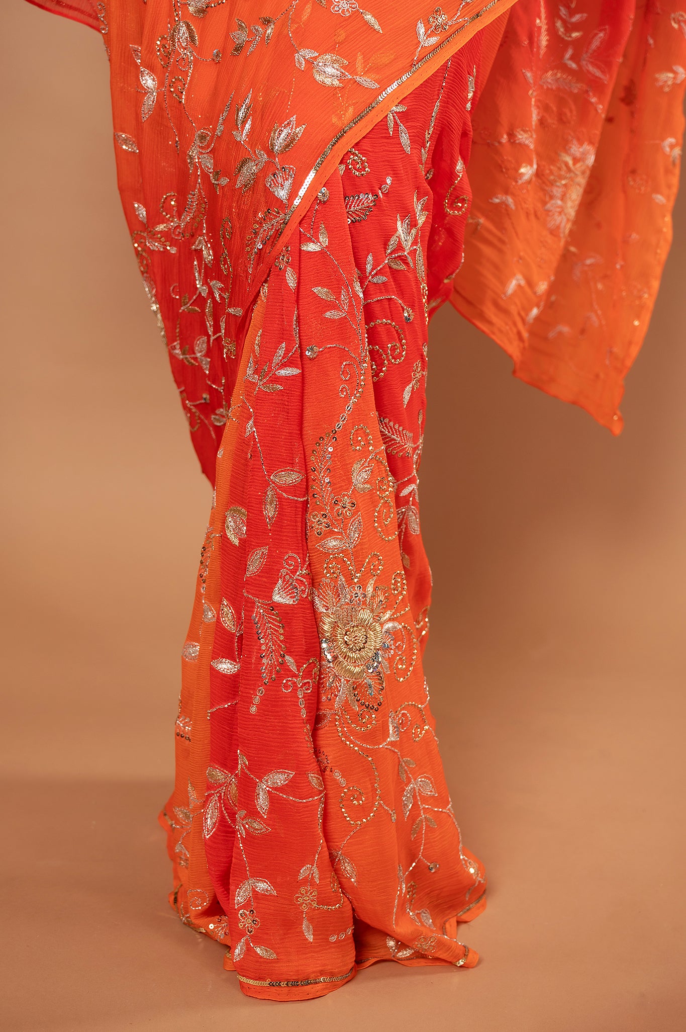 Orange light dark pure chiffon aari sequins zardozi jaal handwork saree