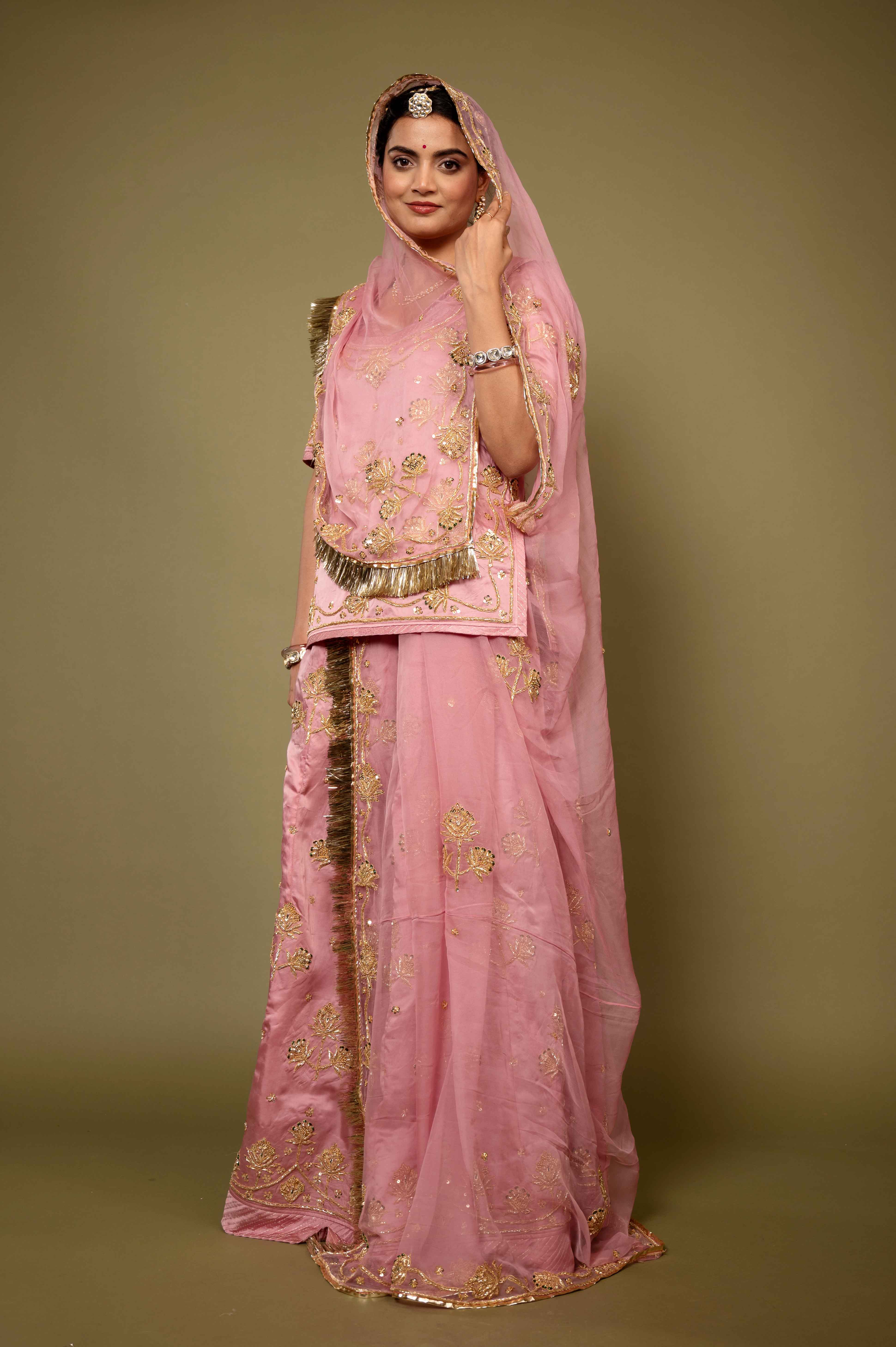 pink bamber satin zardozi handwork rajputi Poshak with pure odhna