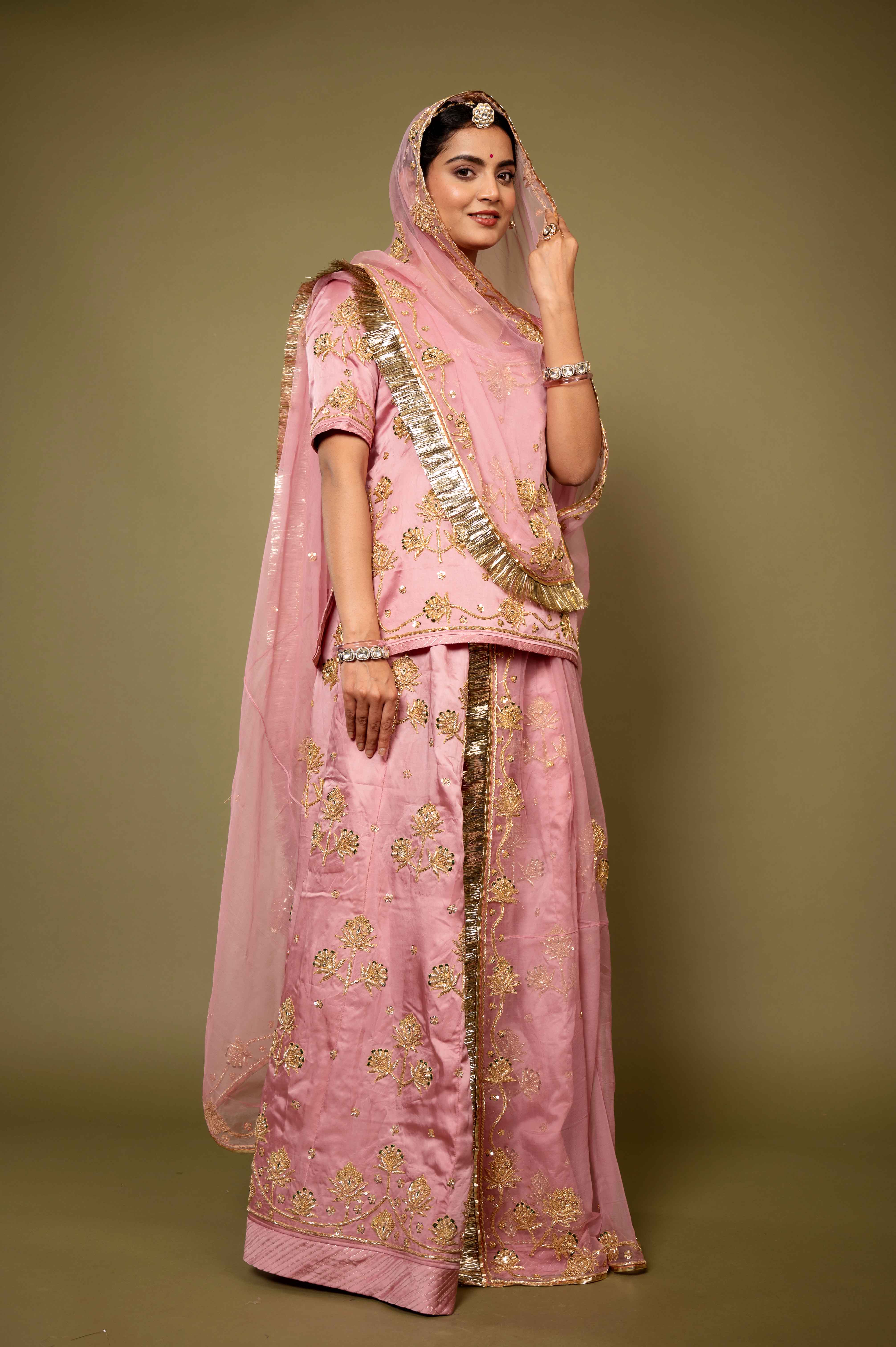 pink bamber satin zardozi handwork rajputi Poshak with pure odhna