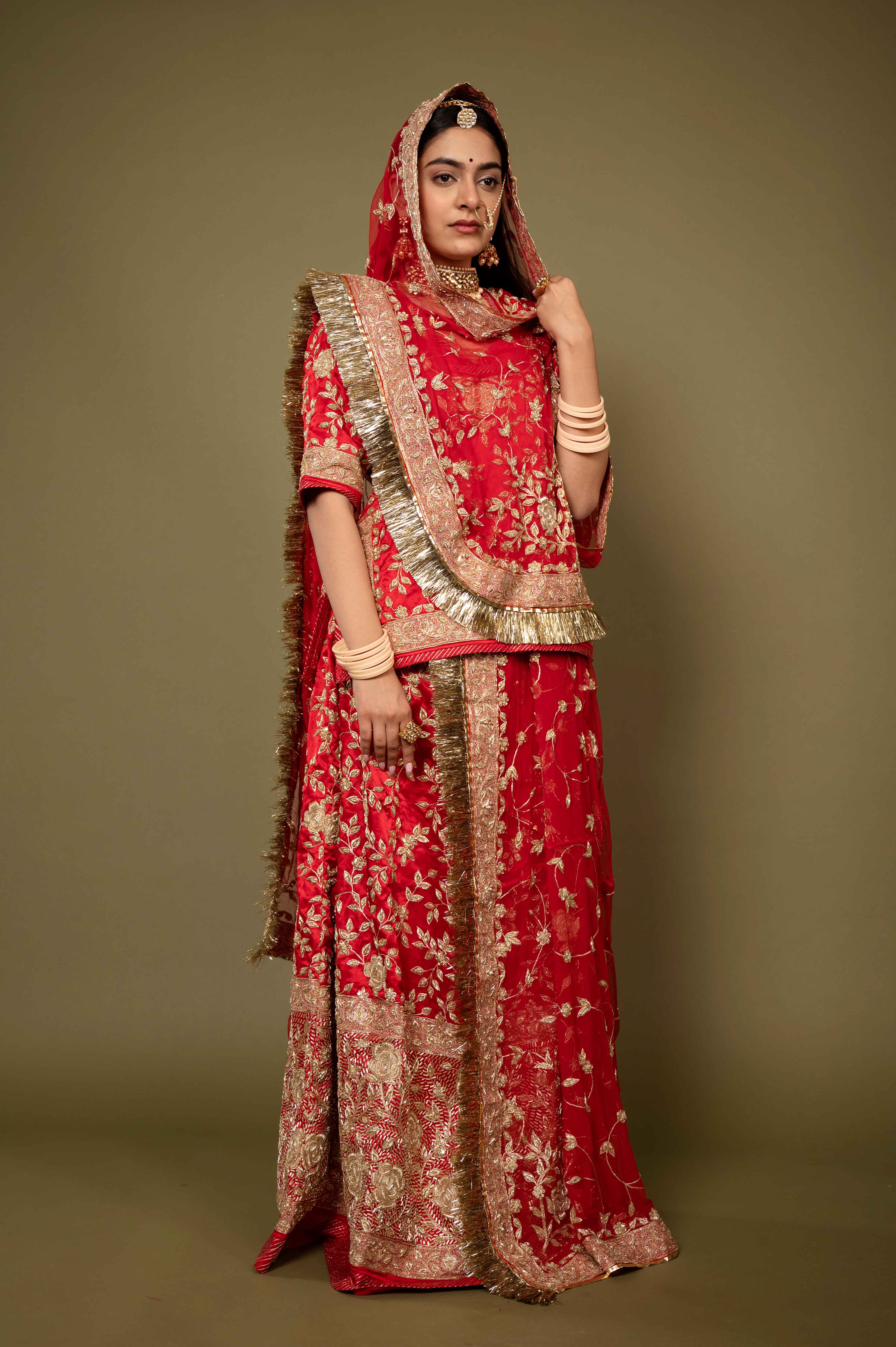 red pure satin zardozi handwork rajputi Poshak with pure odhna