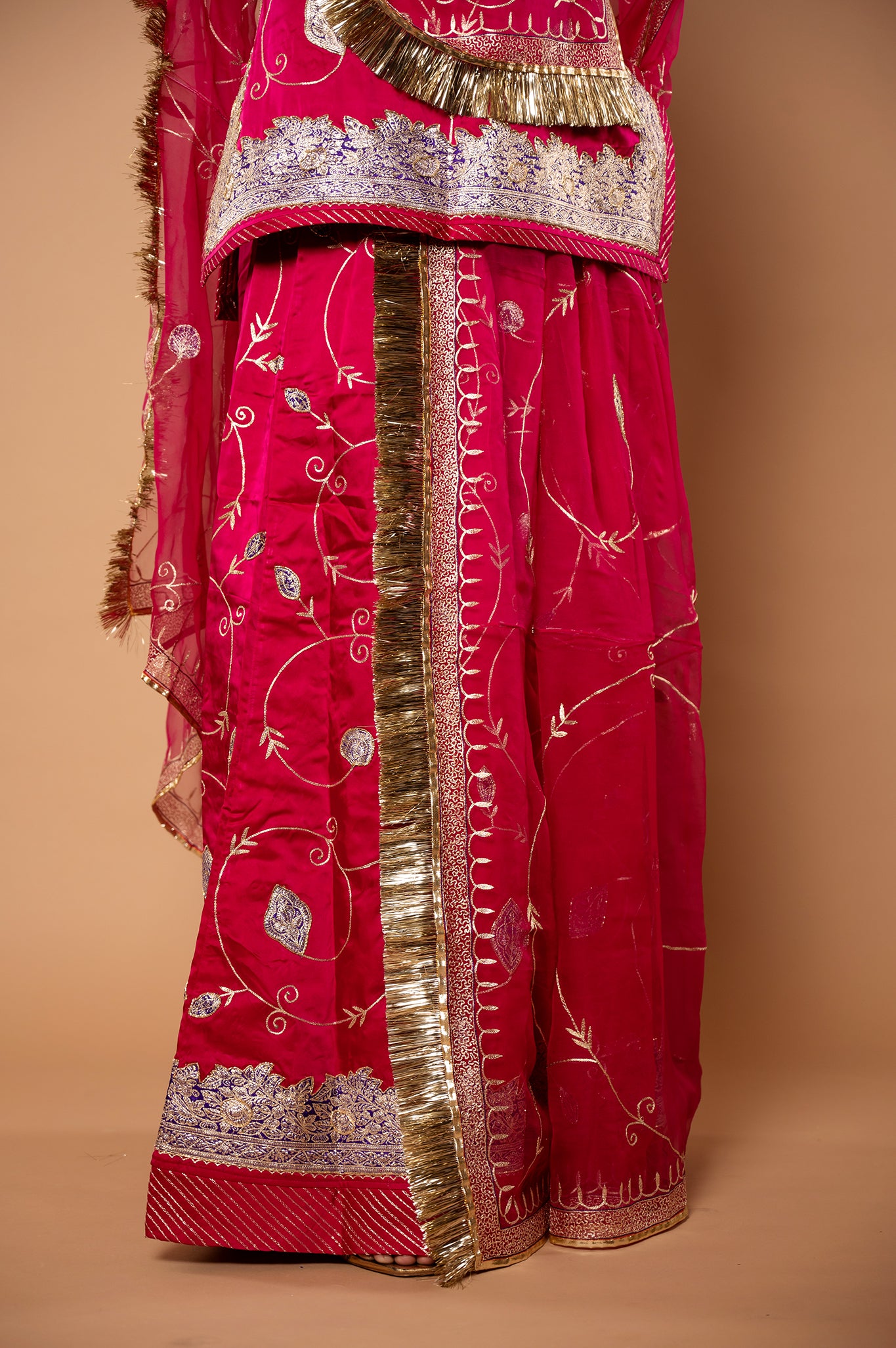 poppy pink bamber satin chanderi handwork rajputi Poshak with pure odhna