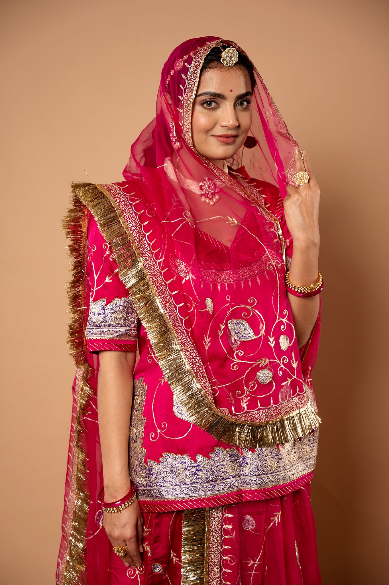 poppy pink bamber satin chanderi handwork rajputi Poshak with pure odhna