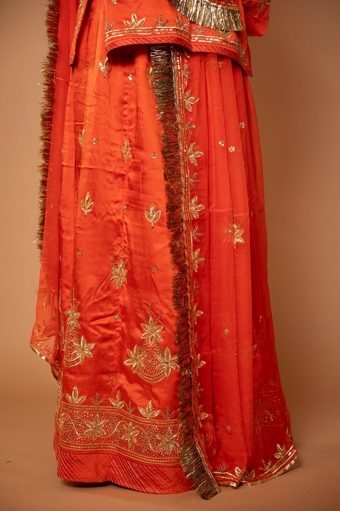 Orange Bamber Satin sikhiya zardozi handwork rajputi Poshak with pure odhna