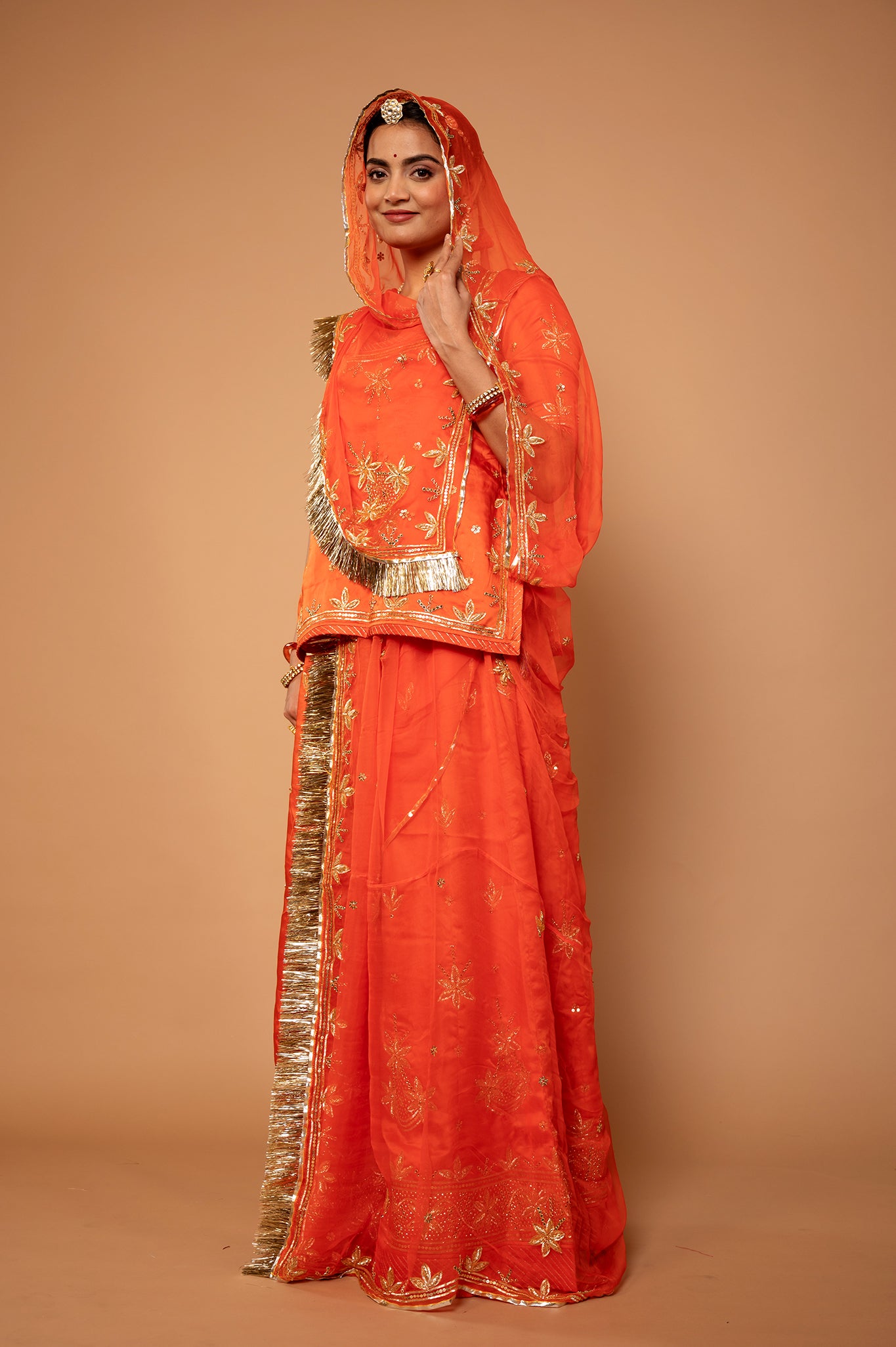 Orange Bamber Satin sikhiya zardozi handwork rajputi Poshak with pure odhna