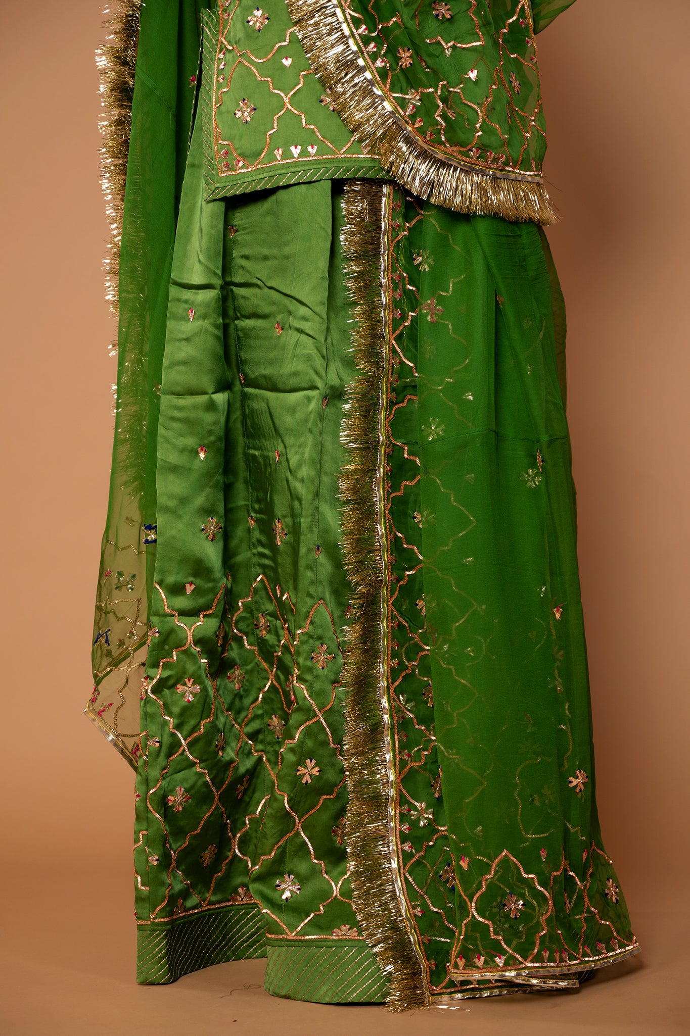 forest green Bamber Satin Sikhiya Gotta handwork rajputi Poshak with pure odhna