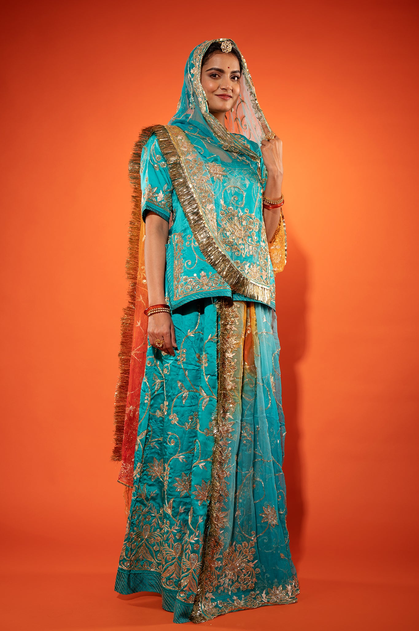 Deep Aqua Bamber Satin zardozi handwork rajputi Poshak with pure odhna