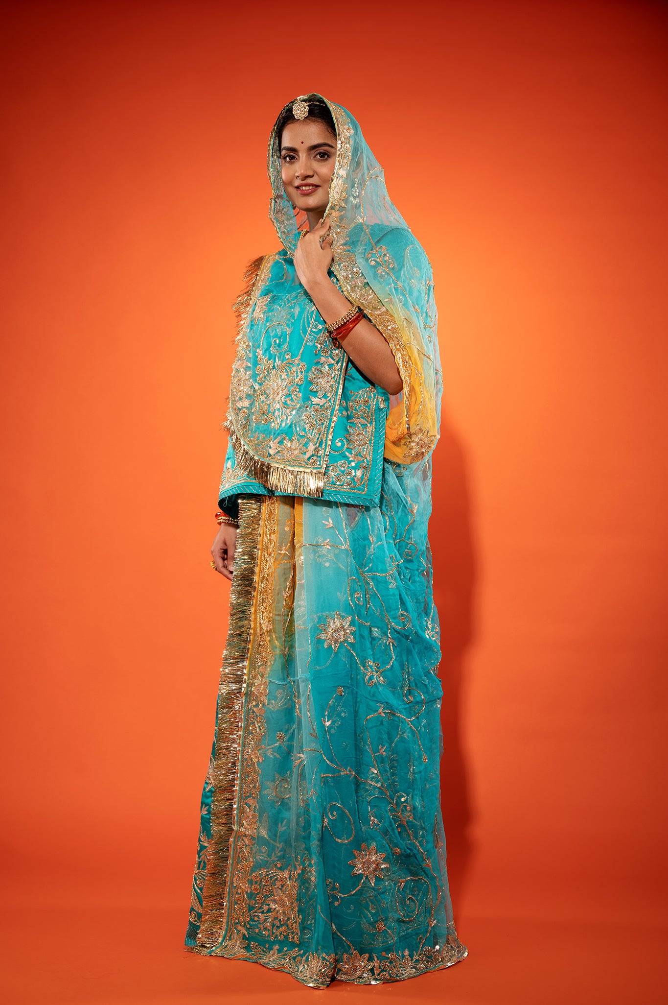 Deep Aqua Bamber Satin zardozi handwork rajputi Poshak with pure odhna