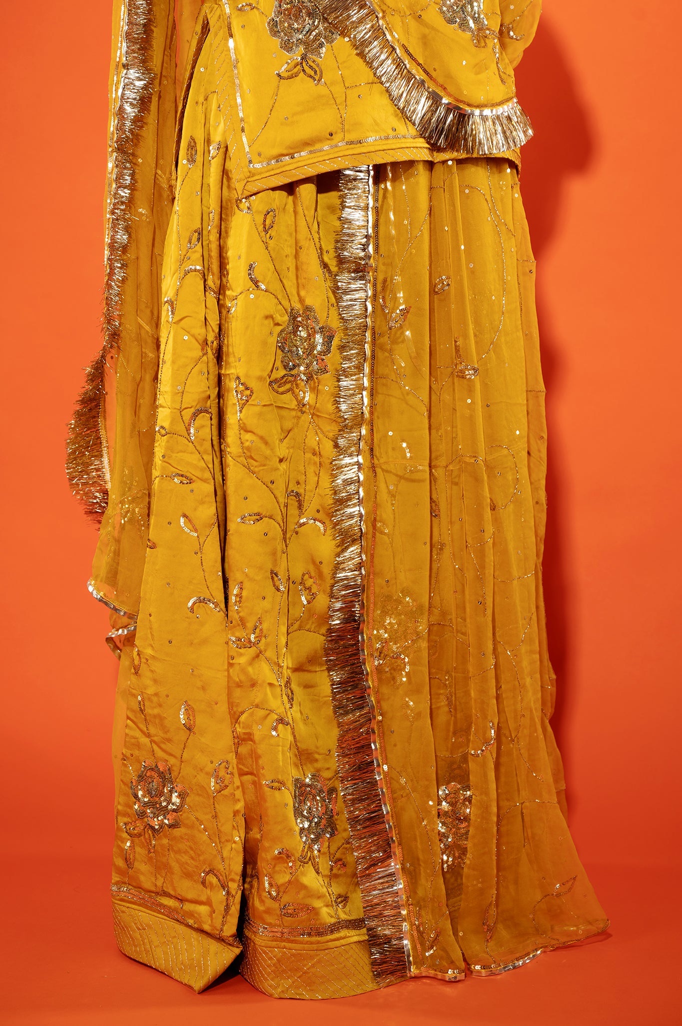 Metallic gold bamber satin sequins handwork rajputi Poshak with pure odhna