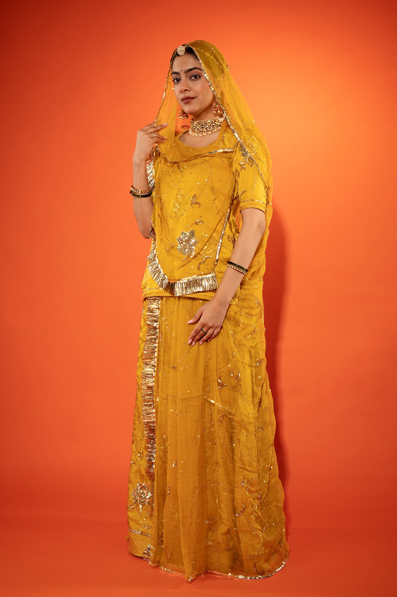 Metallic gold bamber satin sequins handwork rajputi Poshak with pure odhna