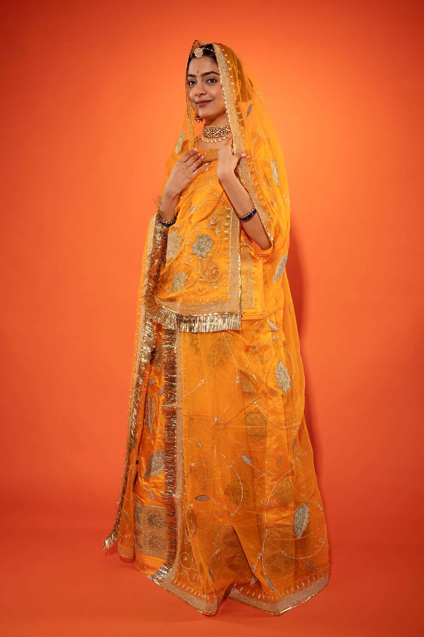 kesariya Pure Silk Satin chanderi handwork rajputi Poshak with pure odhna