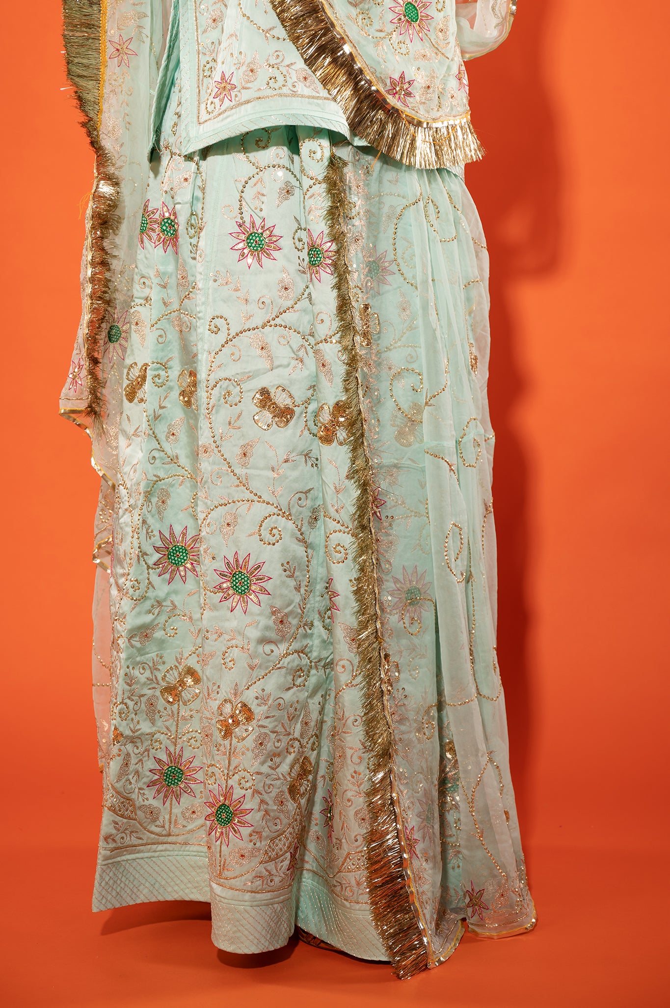 baby blue bamber satin aari sequins handwork rajputi Poshak with pure odhna