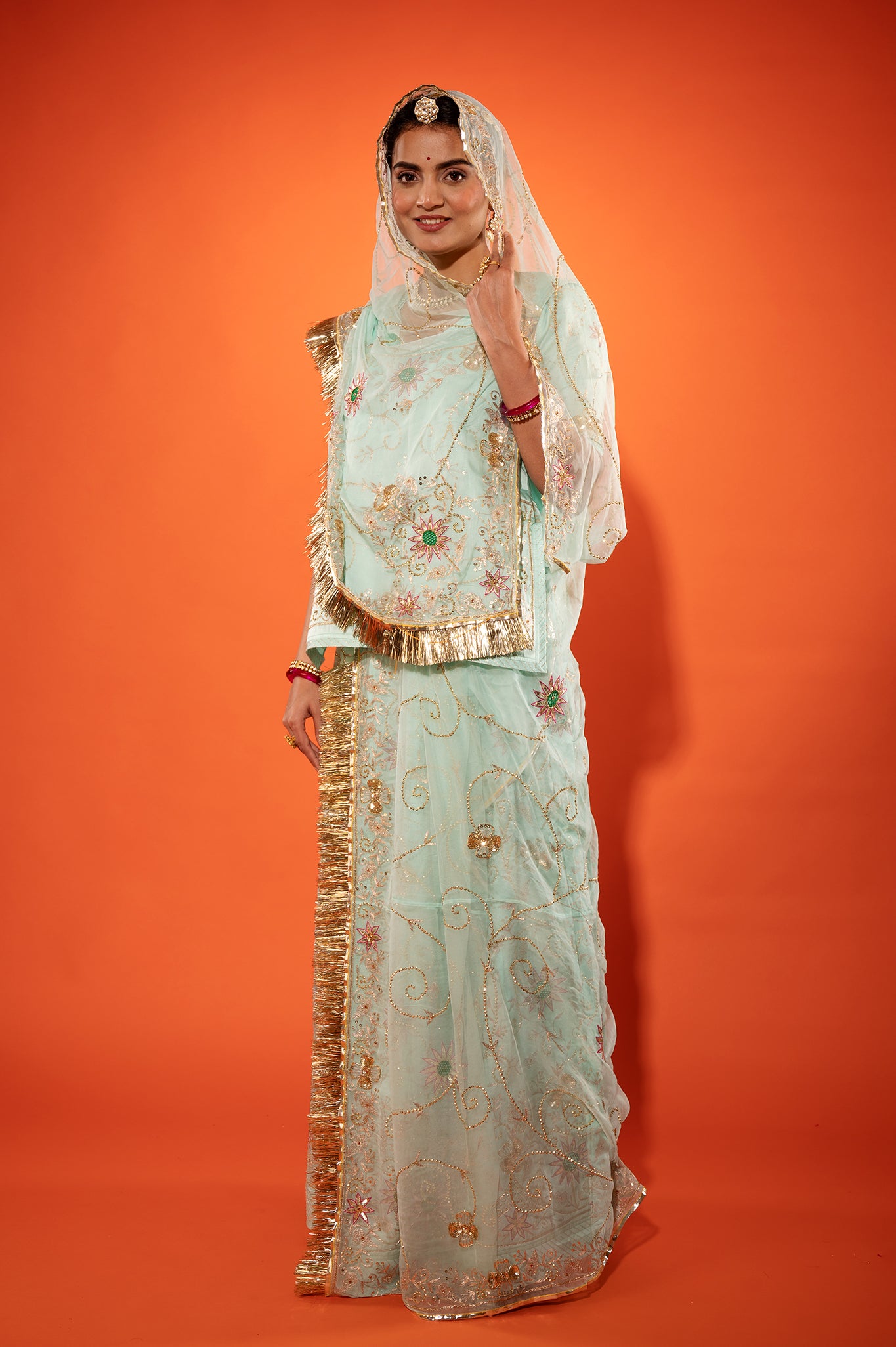 baby blue bamber satin aari sequins handwork rajputi Poshak with pure odhna