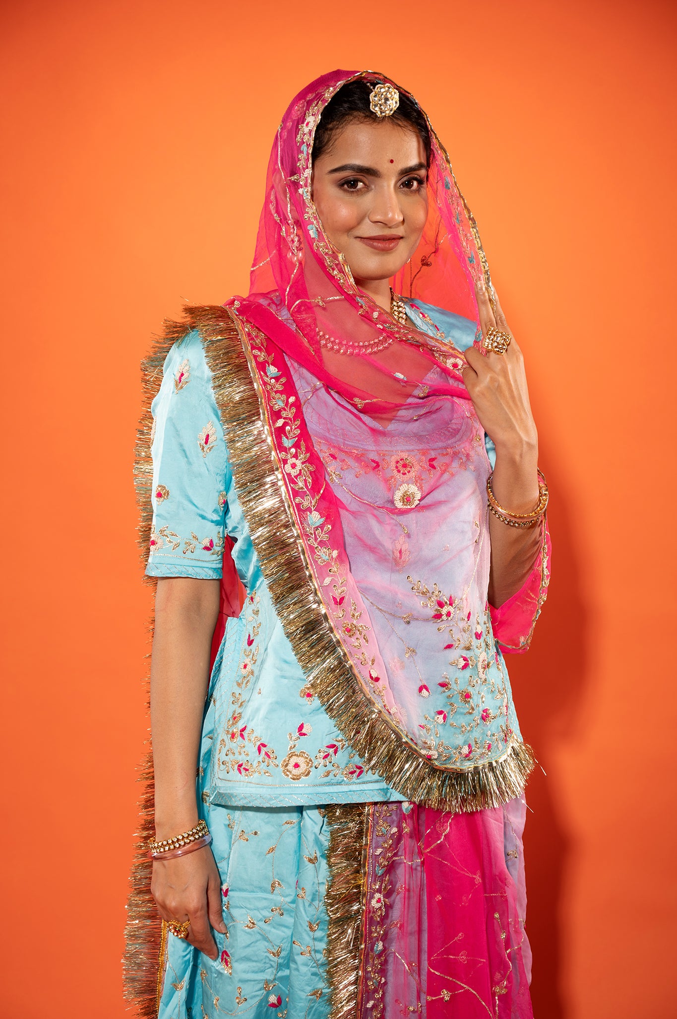 Sky blue bamber satin zardozi handwork rajputi Poshak with Pure odhna