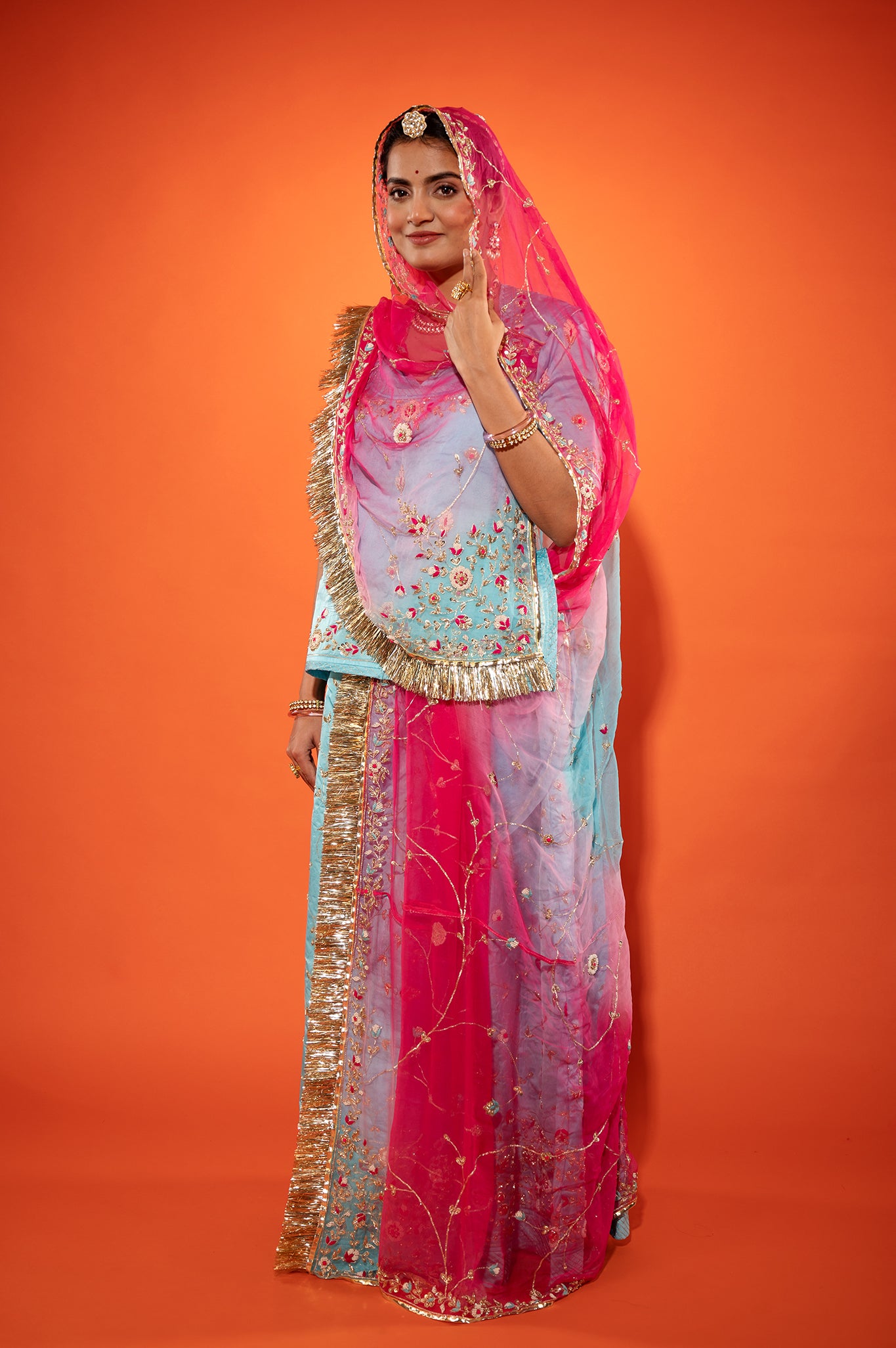 Sky blue bamber satin zardozi handwork rajputi Poshak with Pure odhna