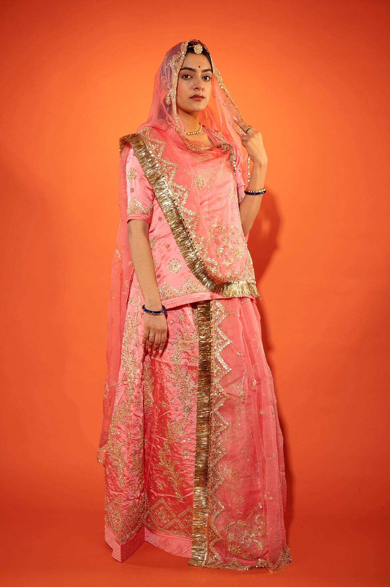 Salmon bamber satin zardozi handwork rajputi Poshak with Pure odhna