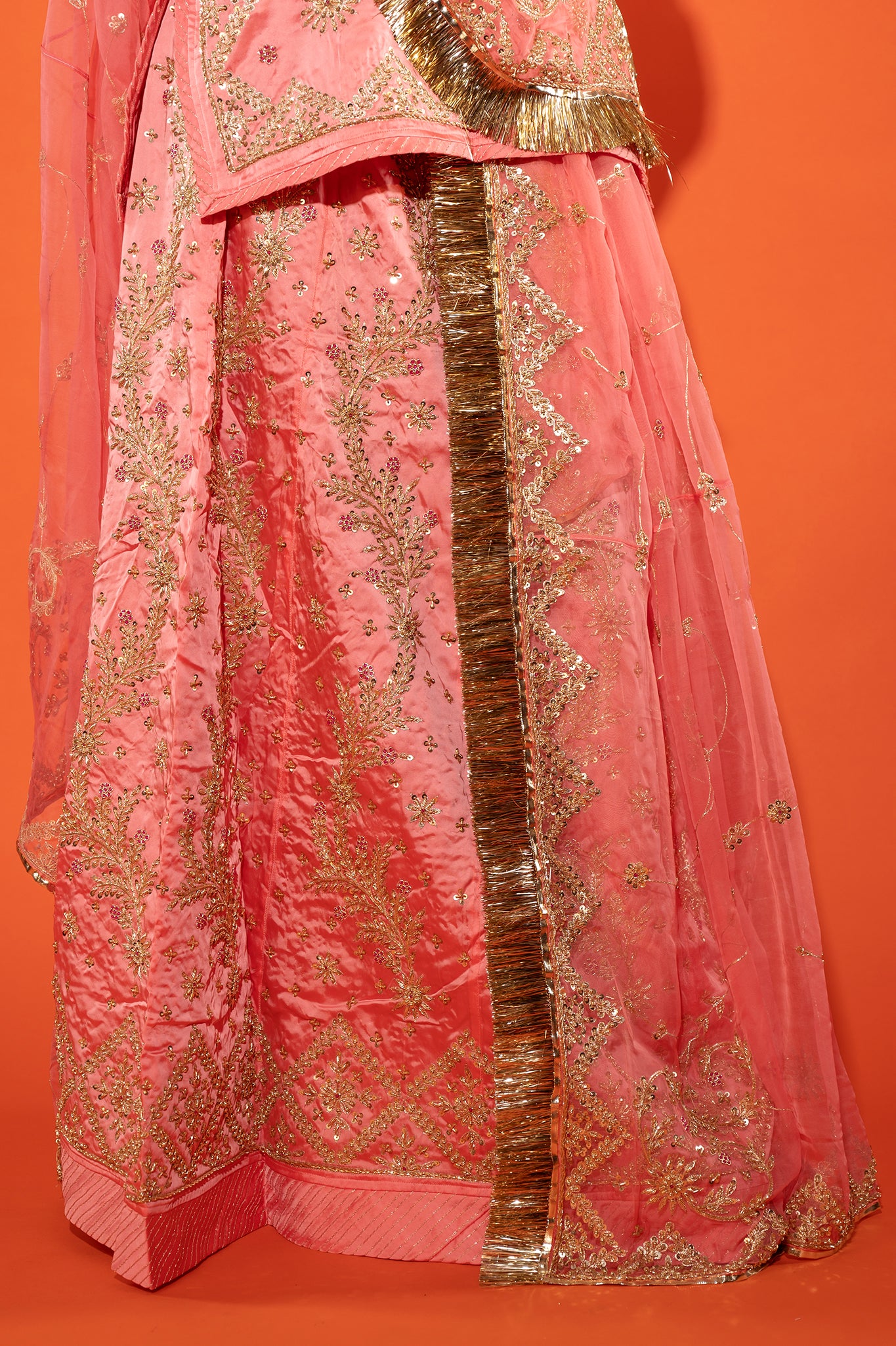 Salmon bamber satin zardozi handwork rajputi Poshak with Pure odhna