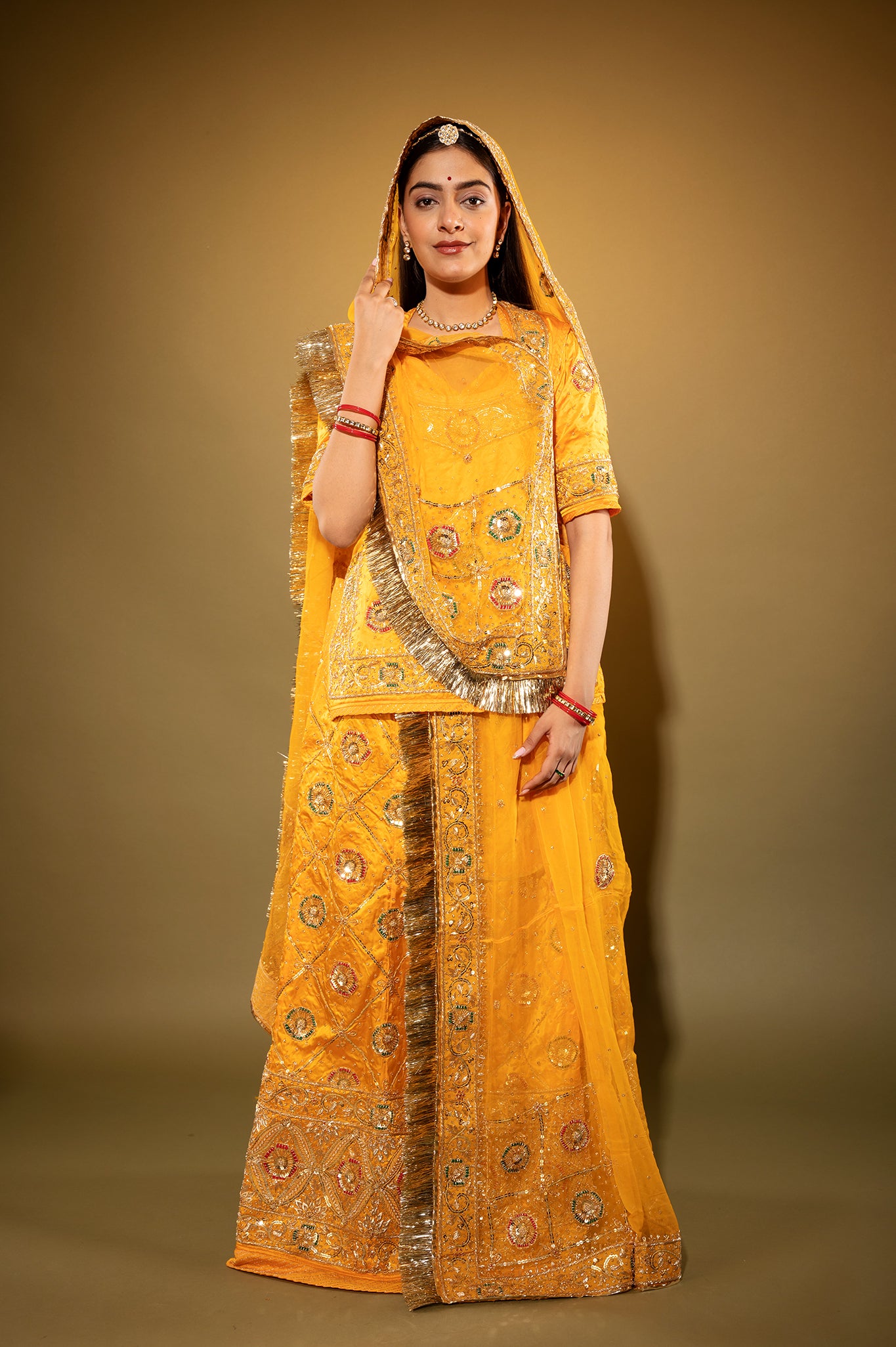 yellow Pure Silk Satin zardozi handwork rajputi Poshak with Pure odhna