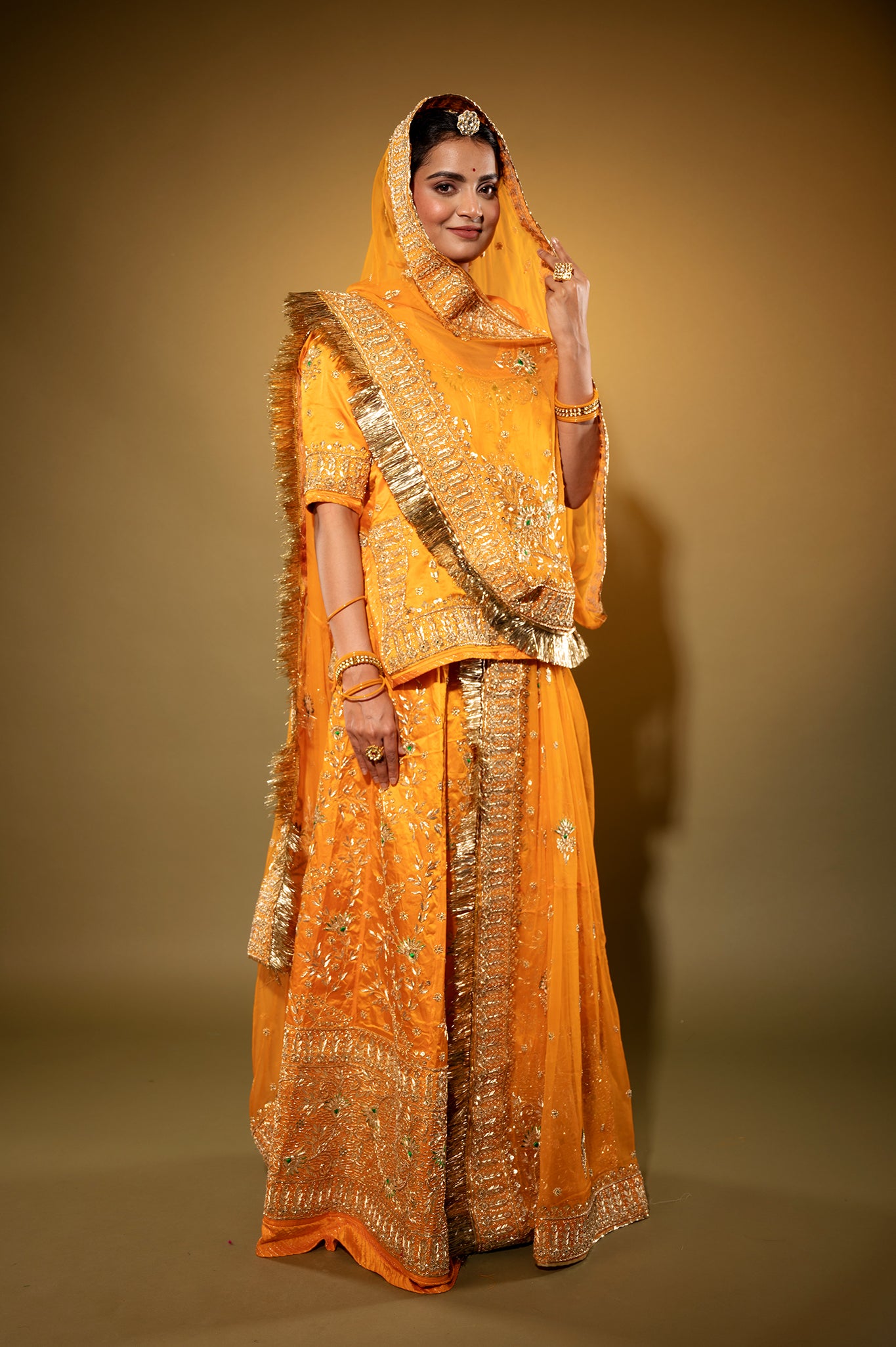 kesariya Pure Silk Satin zardozi handwork rajputi Poshak with Pure odhna