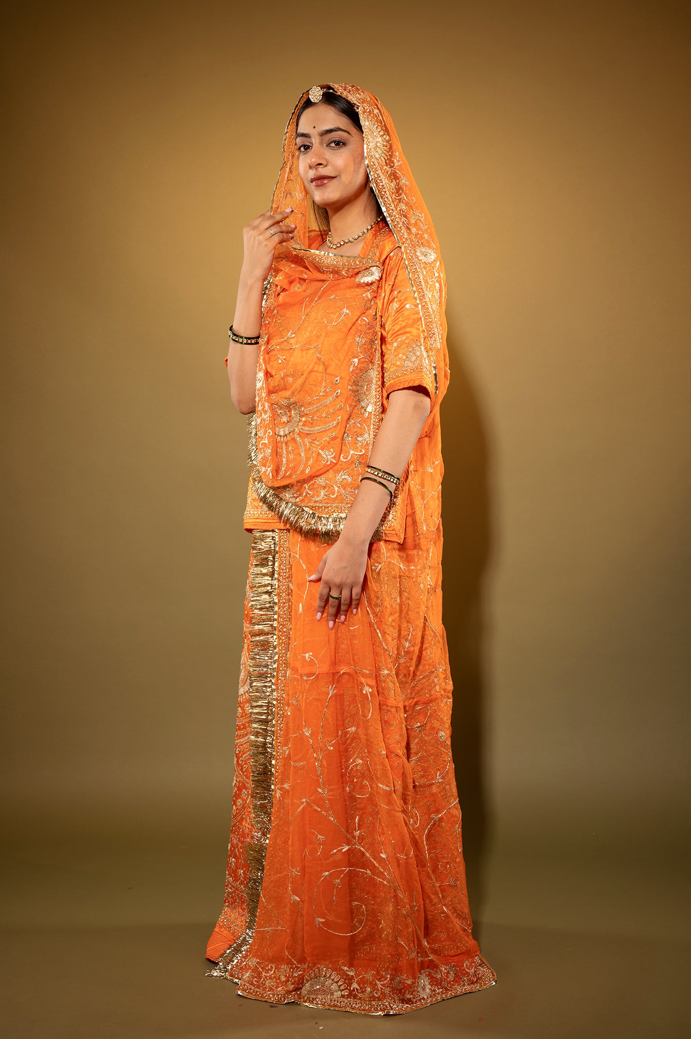 orange Pure Silk Satin zardozi handwork rajputi Poshak with Pure odhna