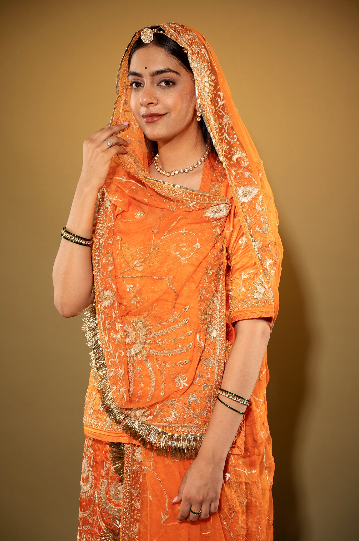 orange Pure Silk Satin zardozi handwork rajputi Poshak with Pure odhna