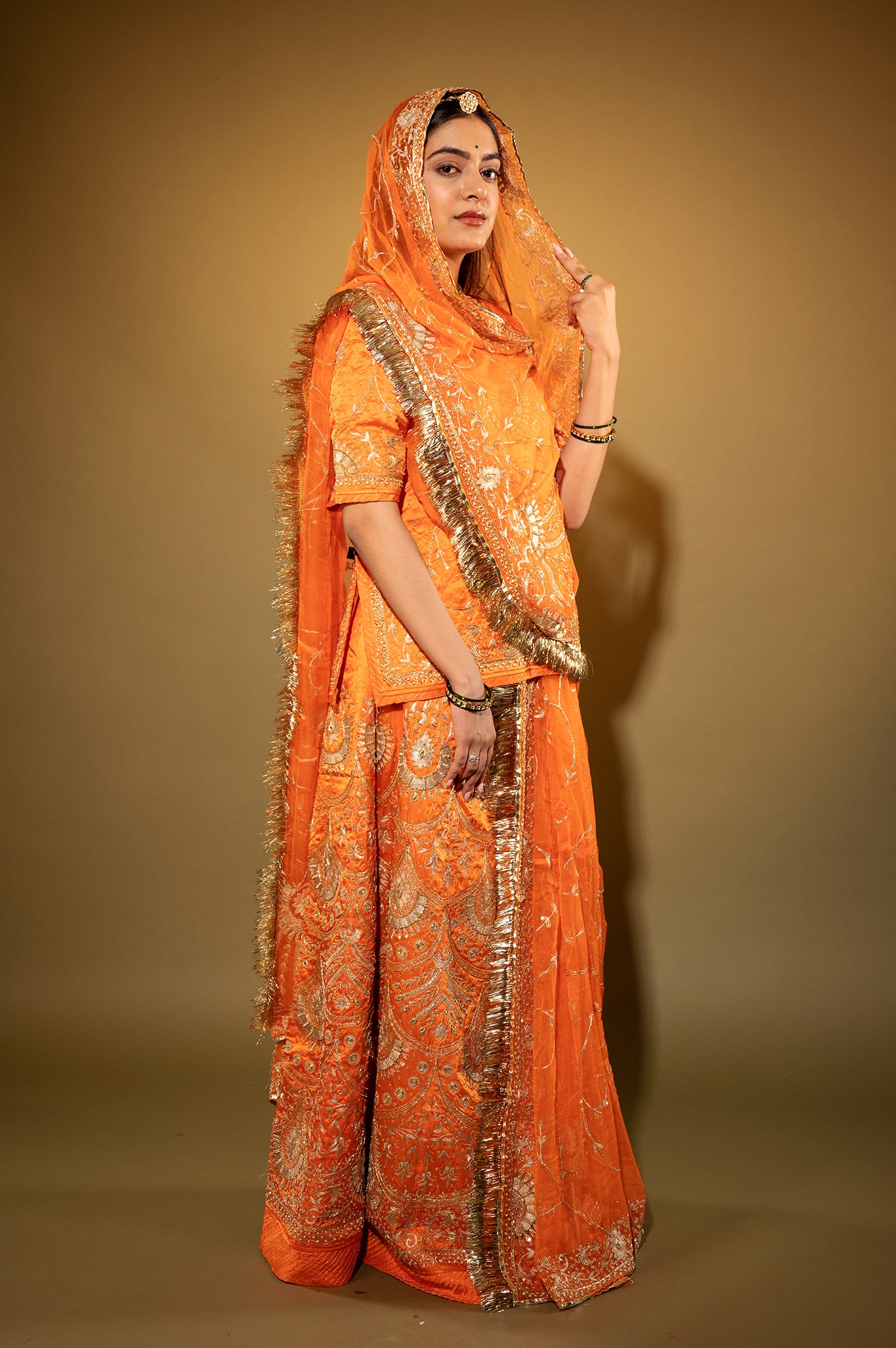 orange Pure Silk Satin zardozi handwork rajputi Poshak with Pure odhna
