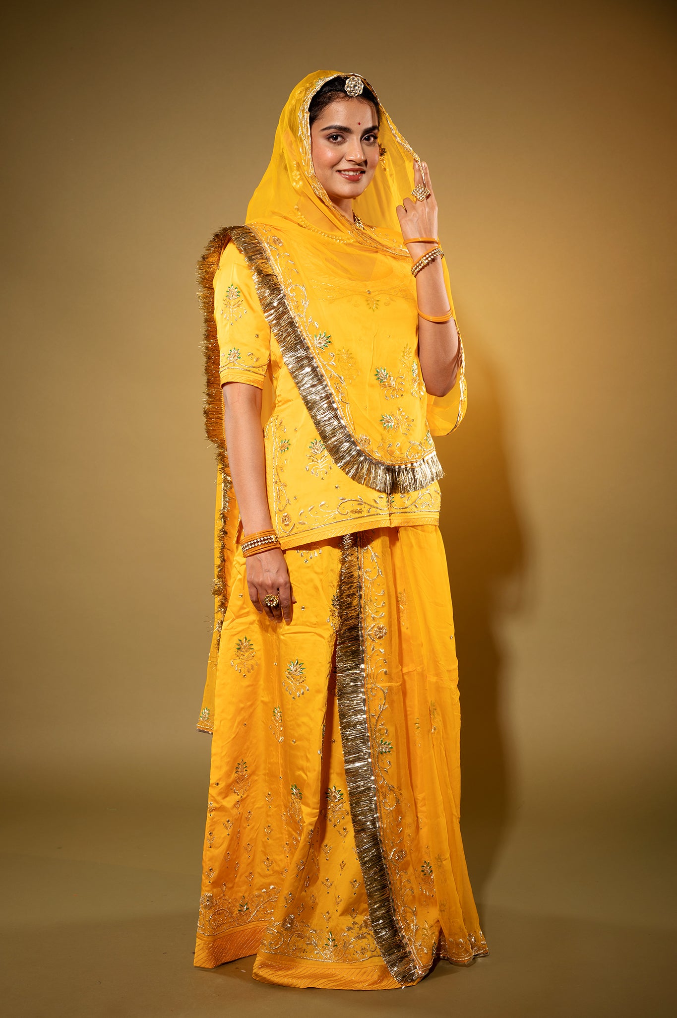 yellow bamber satin zardozi handwork rajputi Poshak with Pure odhna