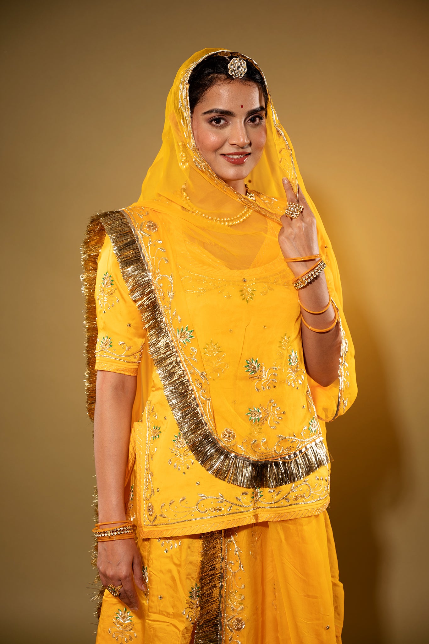 yellow bamber satin zardozi handwork rajputi Poshak with Pure odhna
