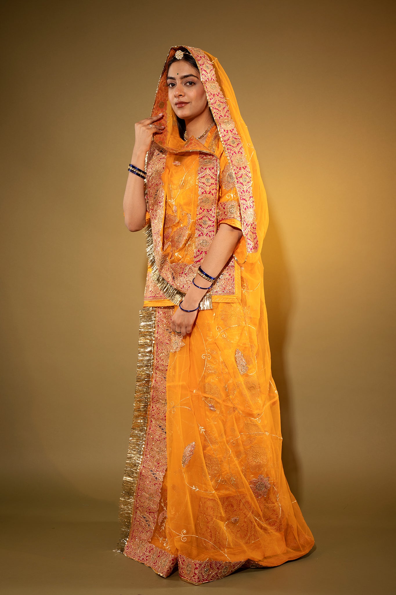 kesariya Pure Silk Satin chanderi handwork rajputi Poshak with Pure odhna