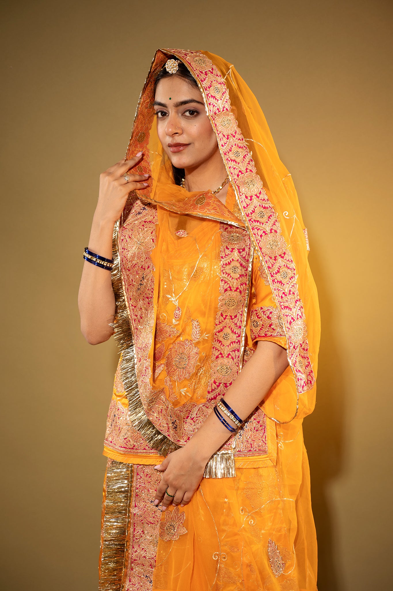 kesariya Pure Silk Satin chanderi handwork rajputi Poshak with Pure odhna