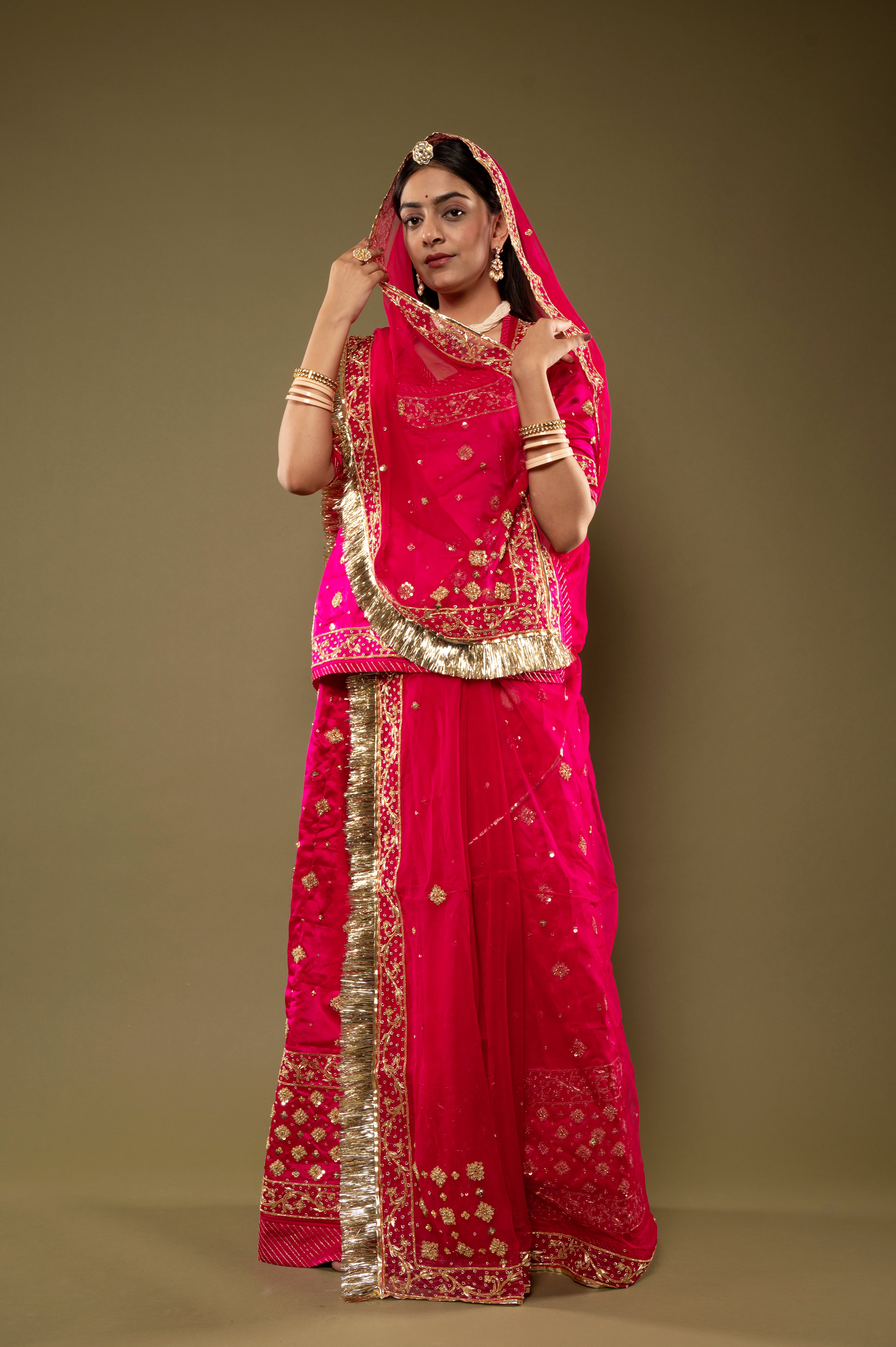 Rani bamber satin Zardozi Border Butti handwork Rajputi Poshak with Pure odhna