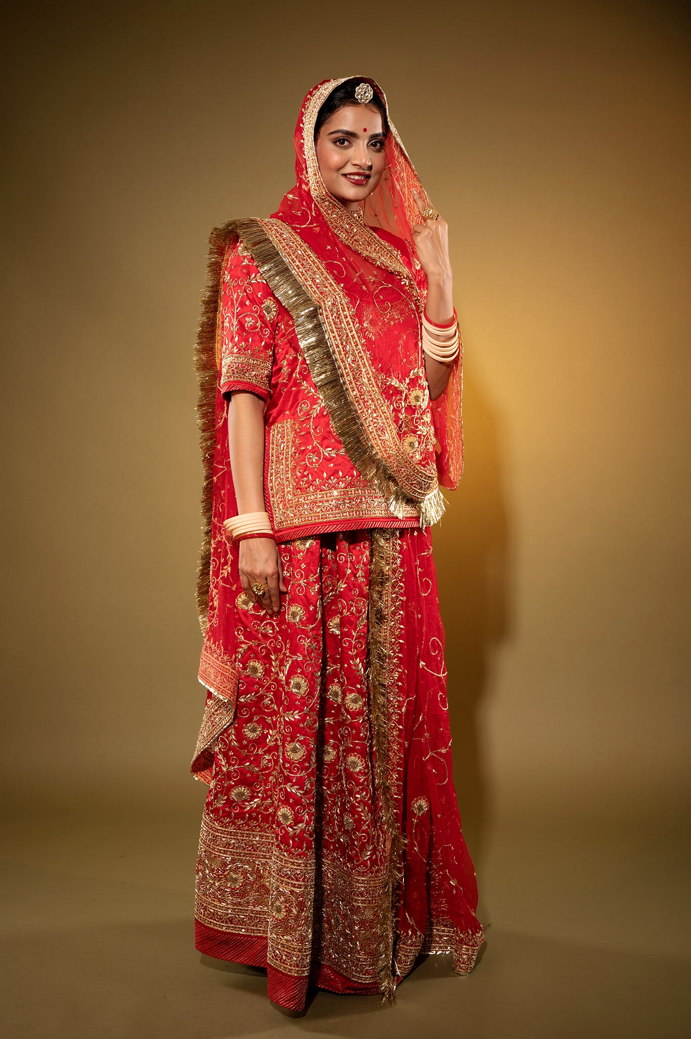 red Pure Silk Satin zardozi handwork rajputi Poshak with Pure odhna