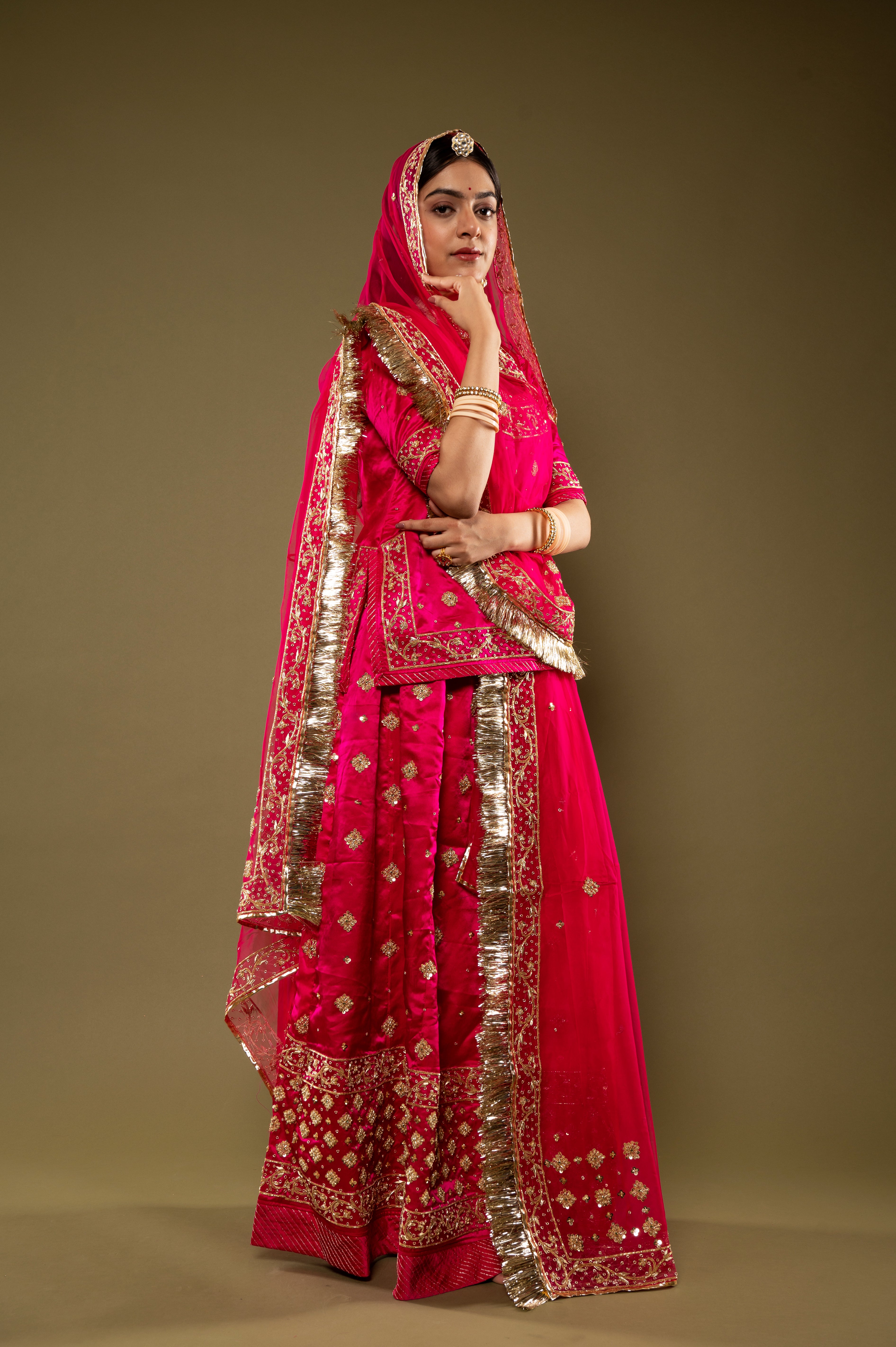 Rani bamber satin Zardozi Border Butti handwork Rajputi Poshak with Pure odhna