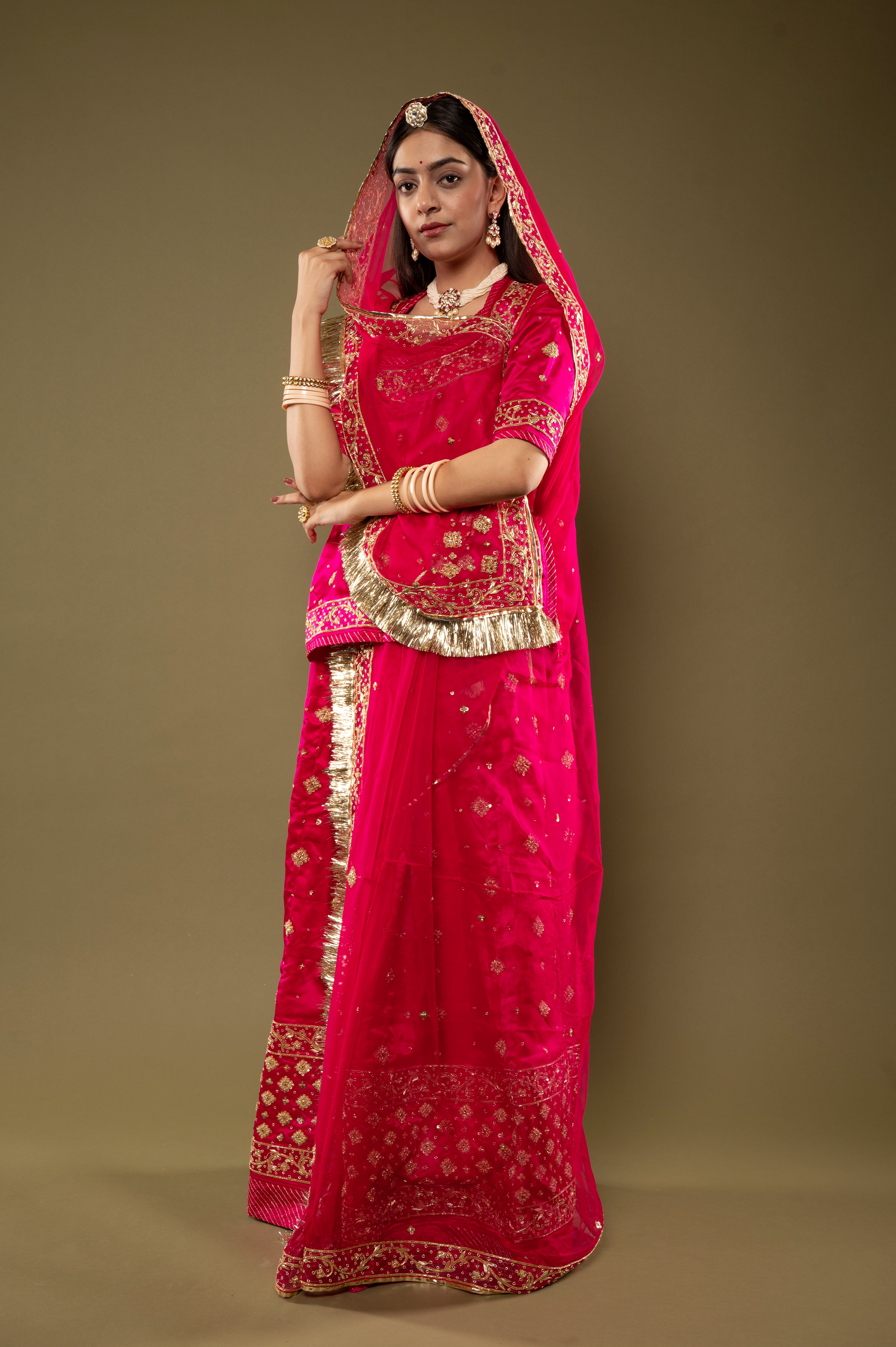 Rani bamber satin Zardozi Border Butti handwork Rajputi Poshak with Pure odhna