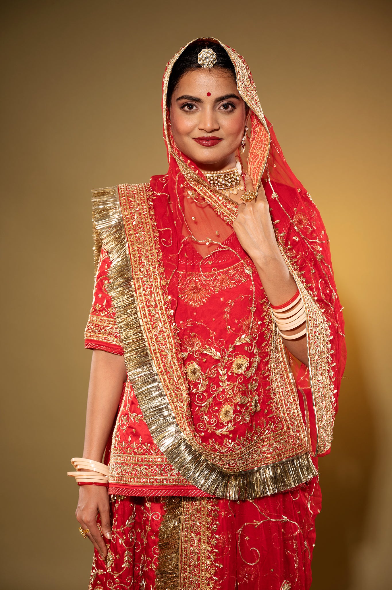 red Pure Silk Satin zardozi handwork rajputi Poshak with Pure odhna