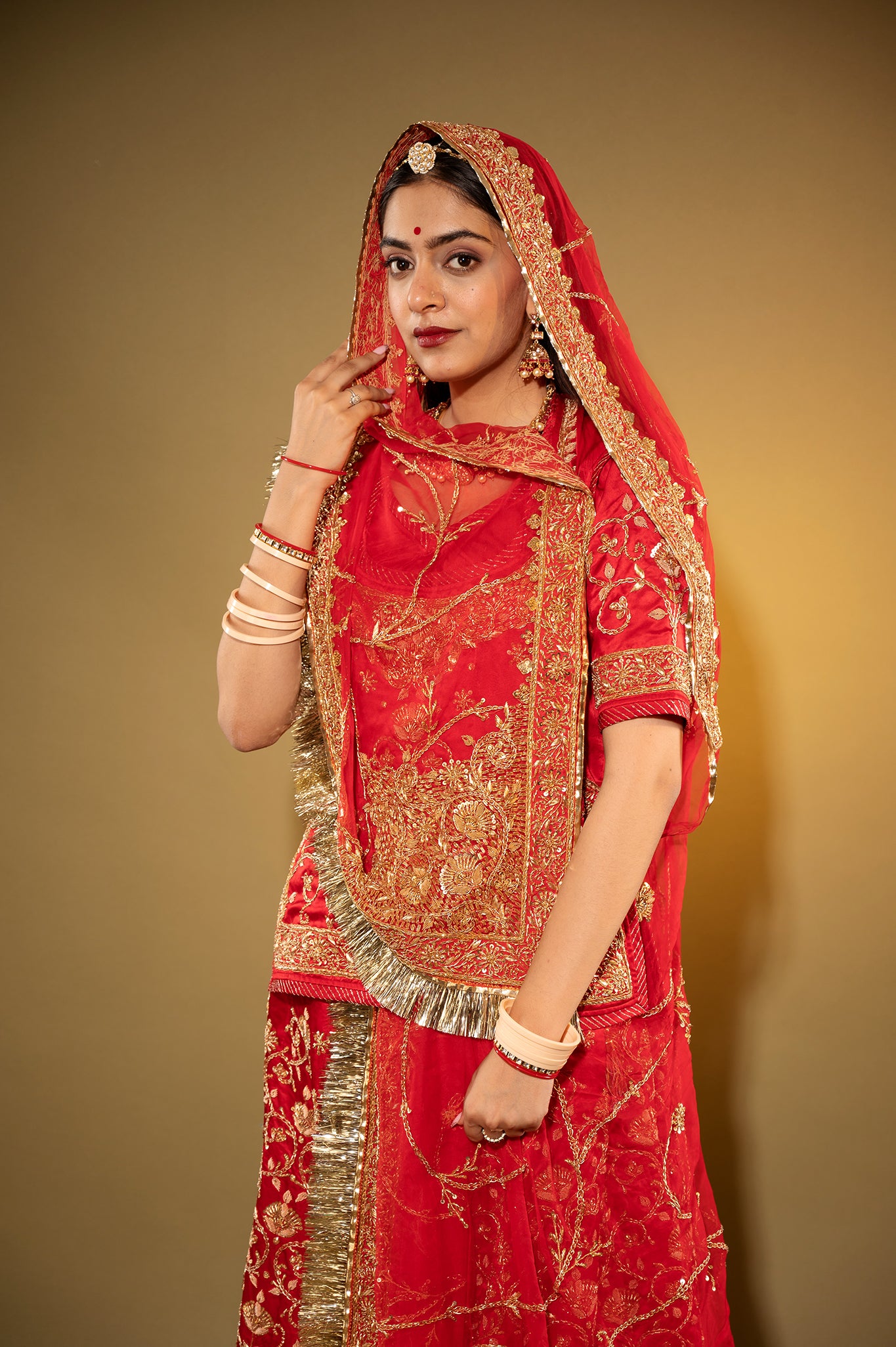 red Pure Silk Satin zardozi handwork rajputi Poshak with Pure odhna