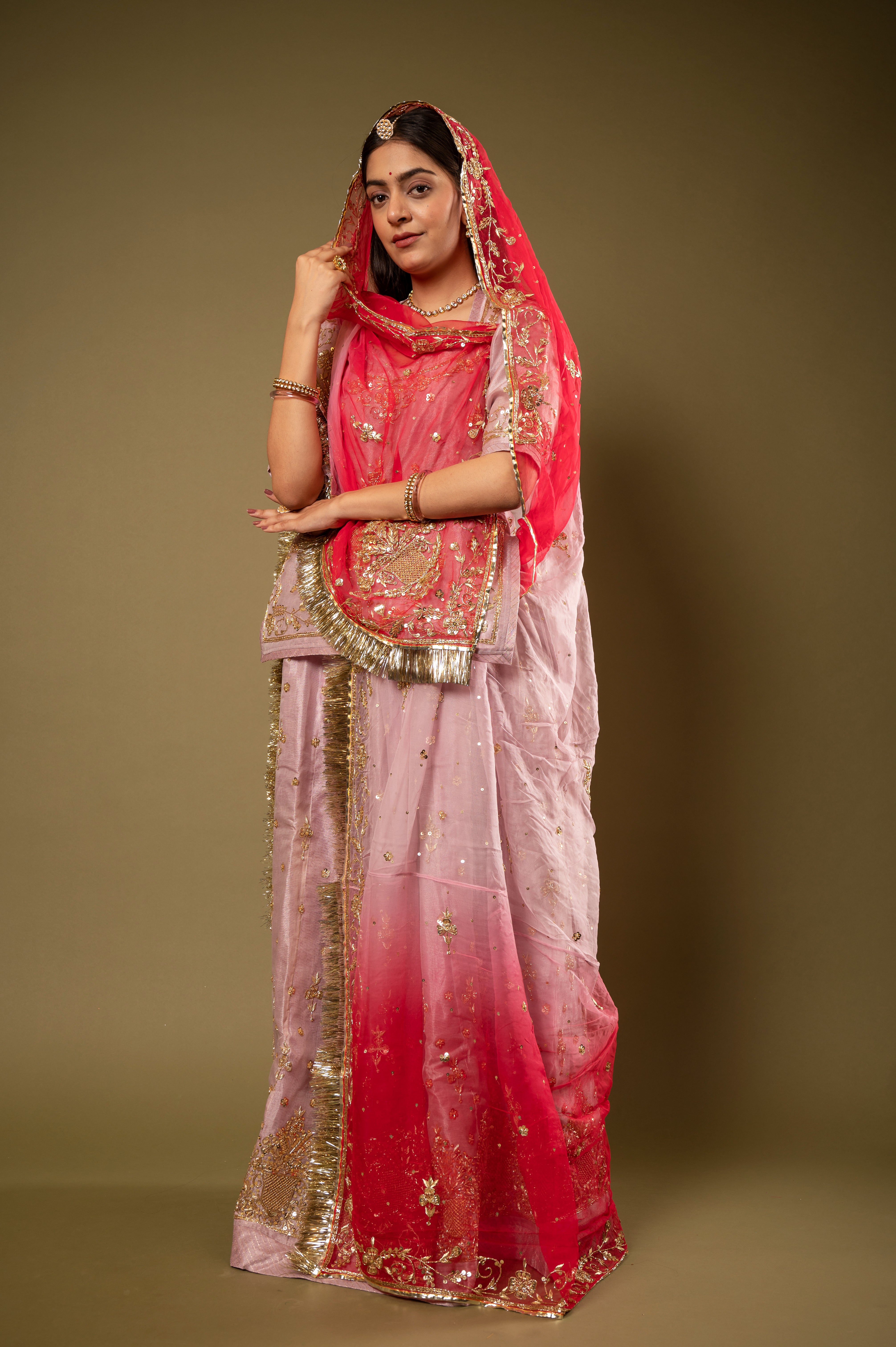 Pink Shaded Odhana Pure Tissue Zardozi Border butti handwork Rajputi Poshak with Pure odhna