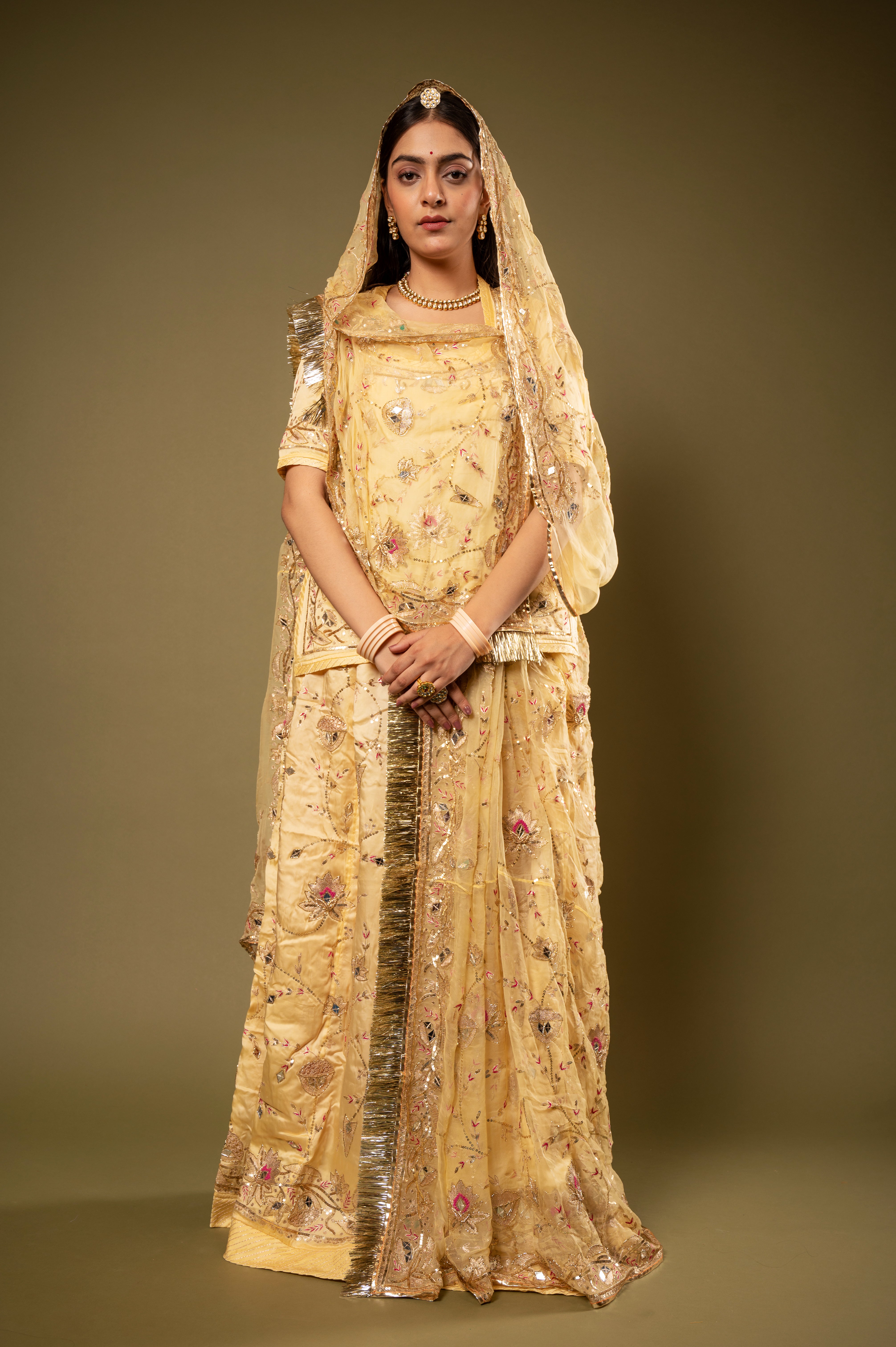 Light Yellow bamber satin Aari Sequins kardana Resham Jaal handwork Rajputi Poshak with Pure odhna