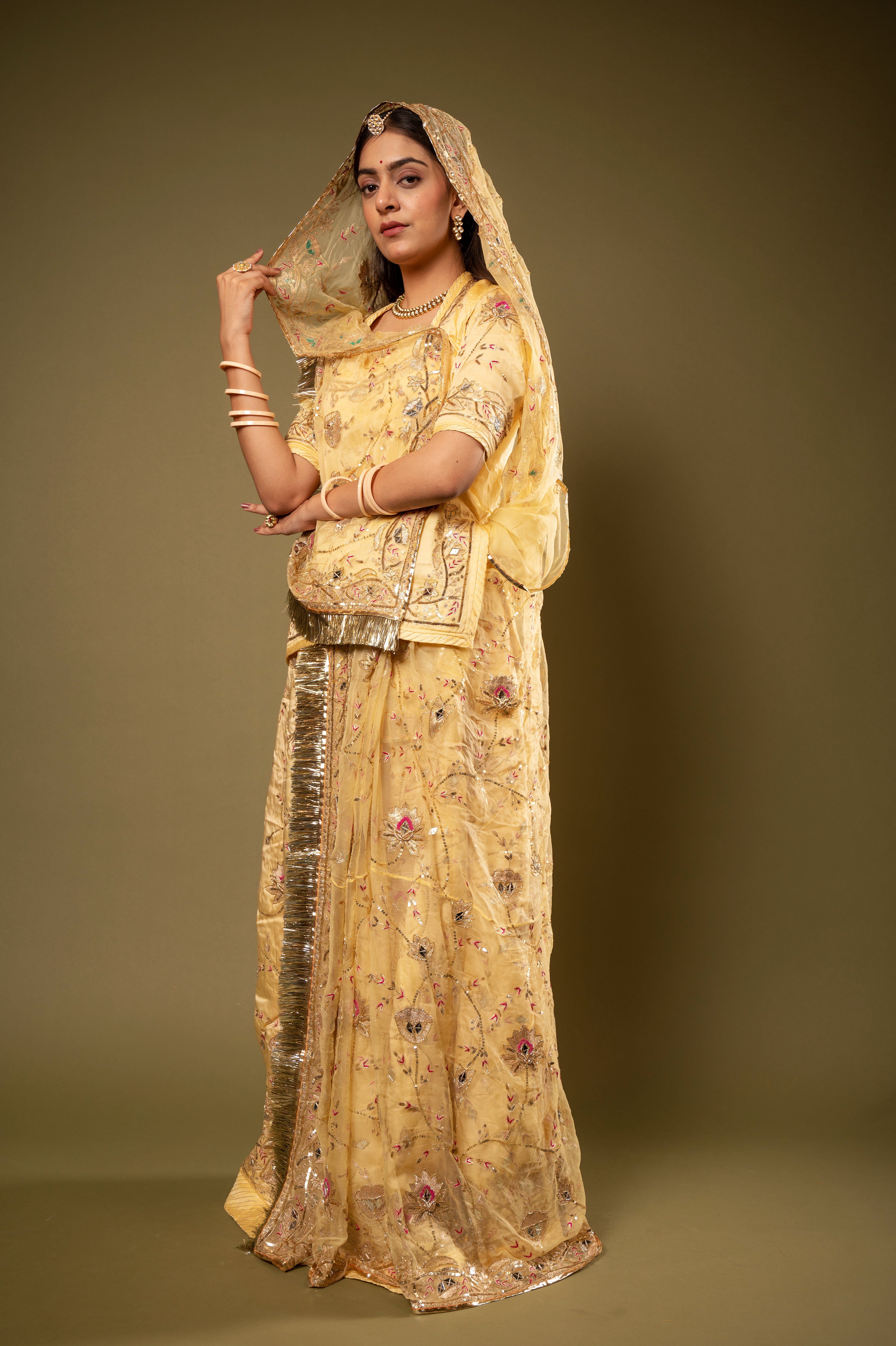 Light Yellow bamber satin Aari Sequins kardana Resham Jaal handwork Rajputi Poshak with Pure odhna