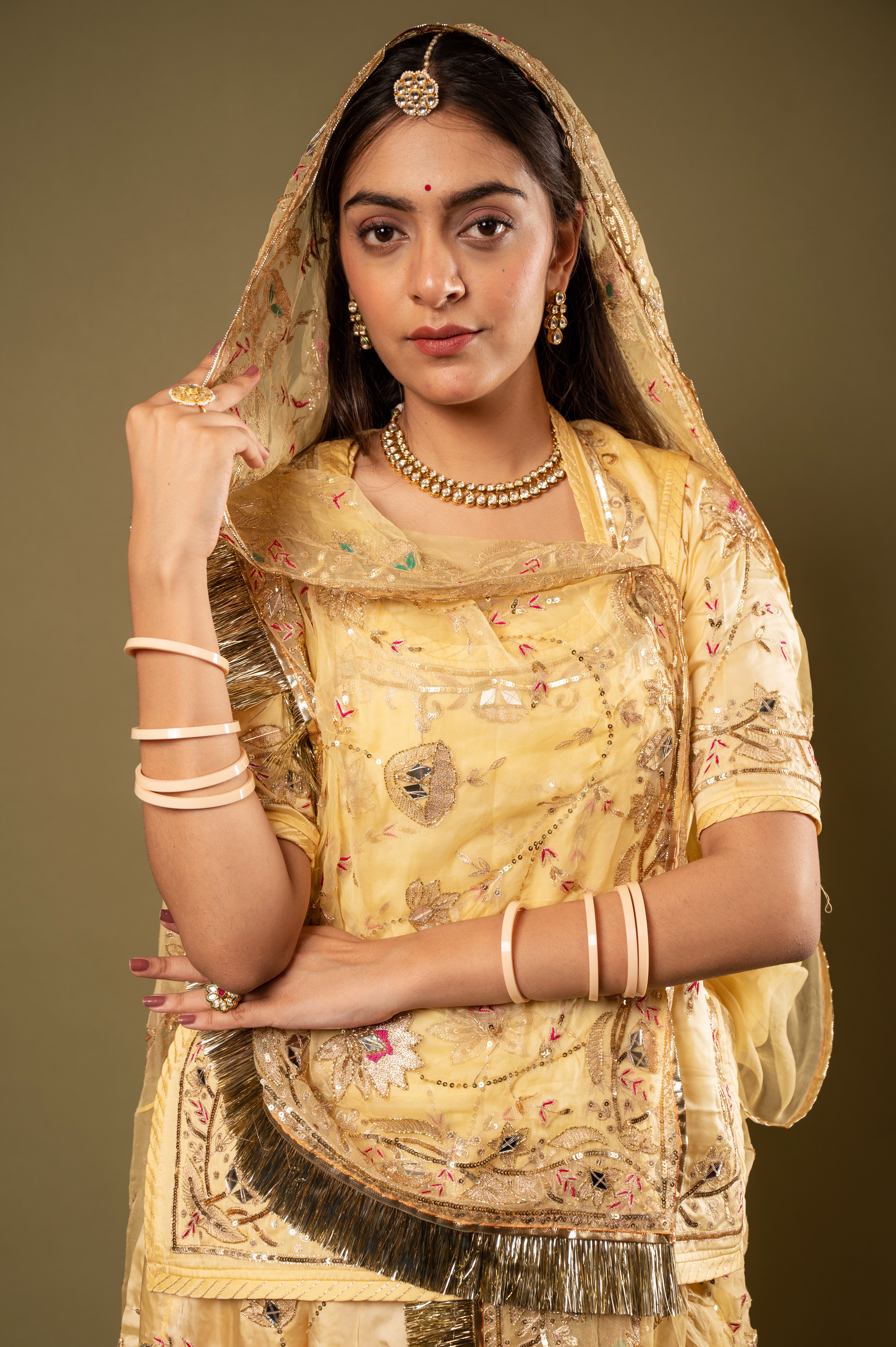 Light Yellow bamber satin Aari Sequins kardana Resham Jaal handwork Rajputi Poshak with Pure odhna