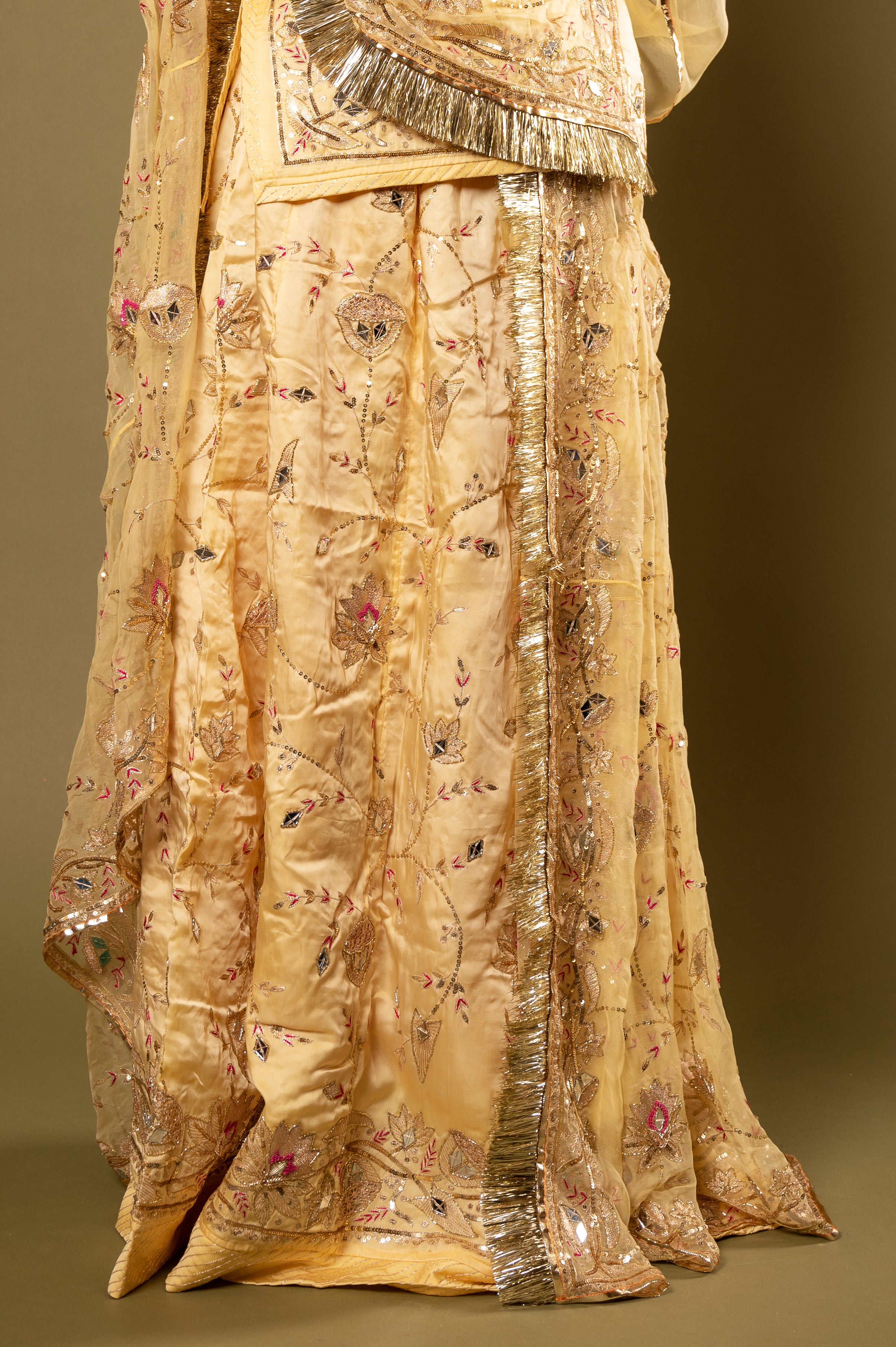 Light Yellow bamber satin Aari Sequins kardana Resham Jaal handwork Rajputi Poshak with Pure odhna