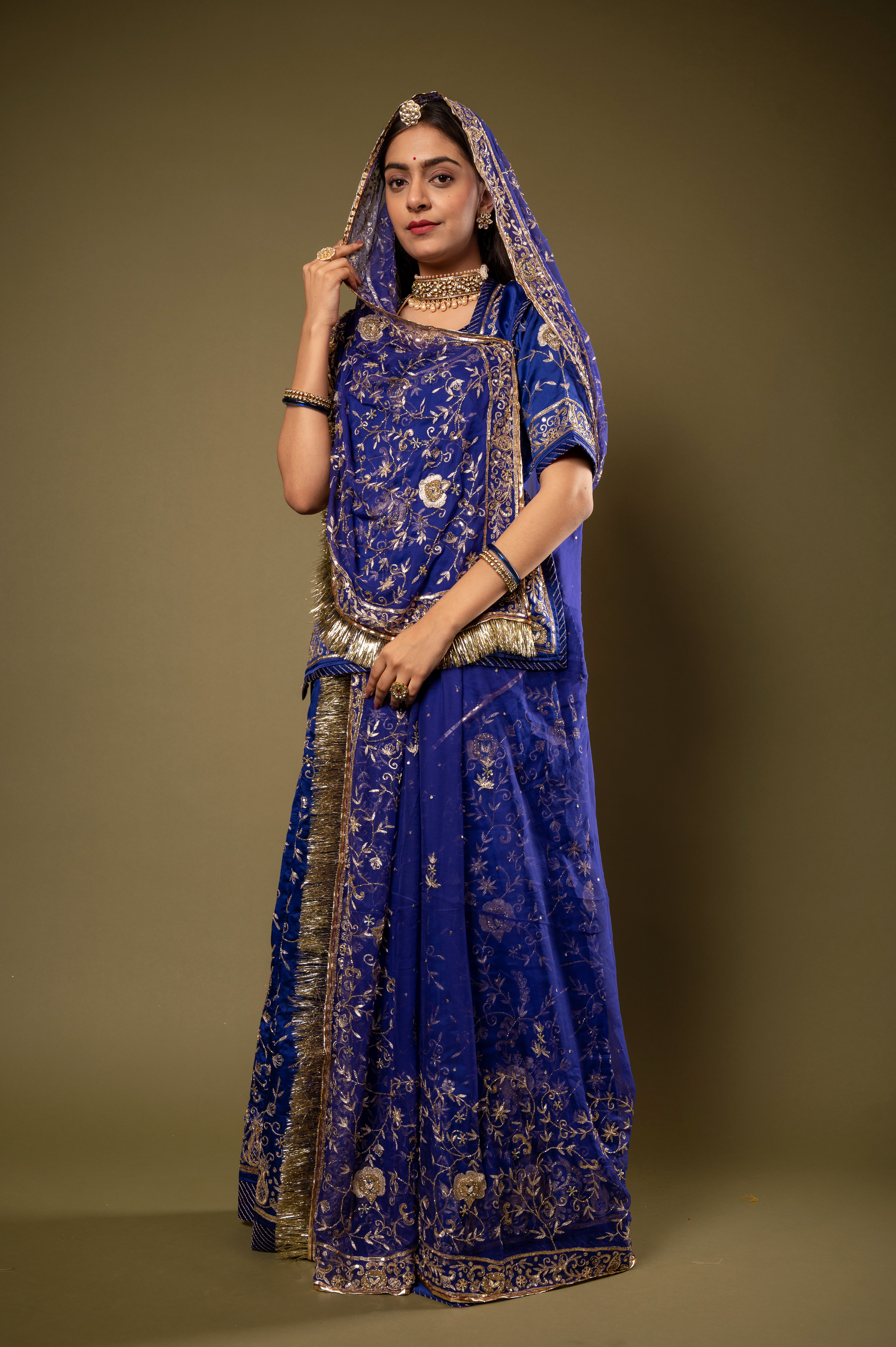 Blue light dark bamber satin Aari Kardana Sequins Jaal handwork Rajputi Poshak with Pure odhna