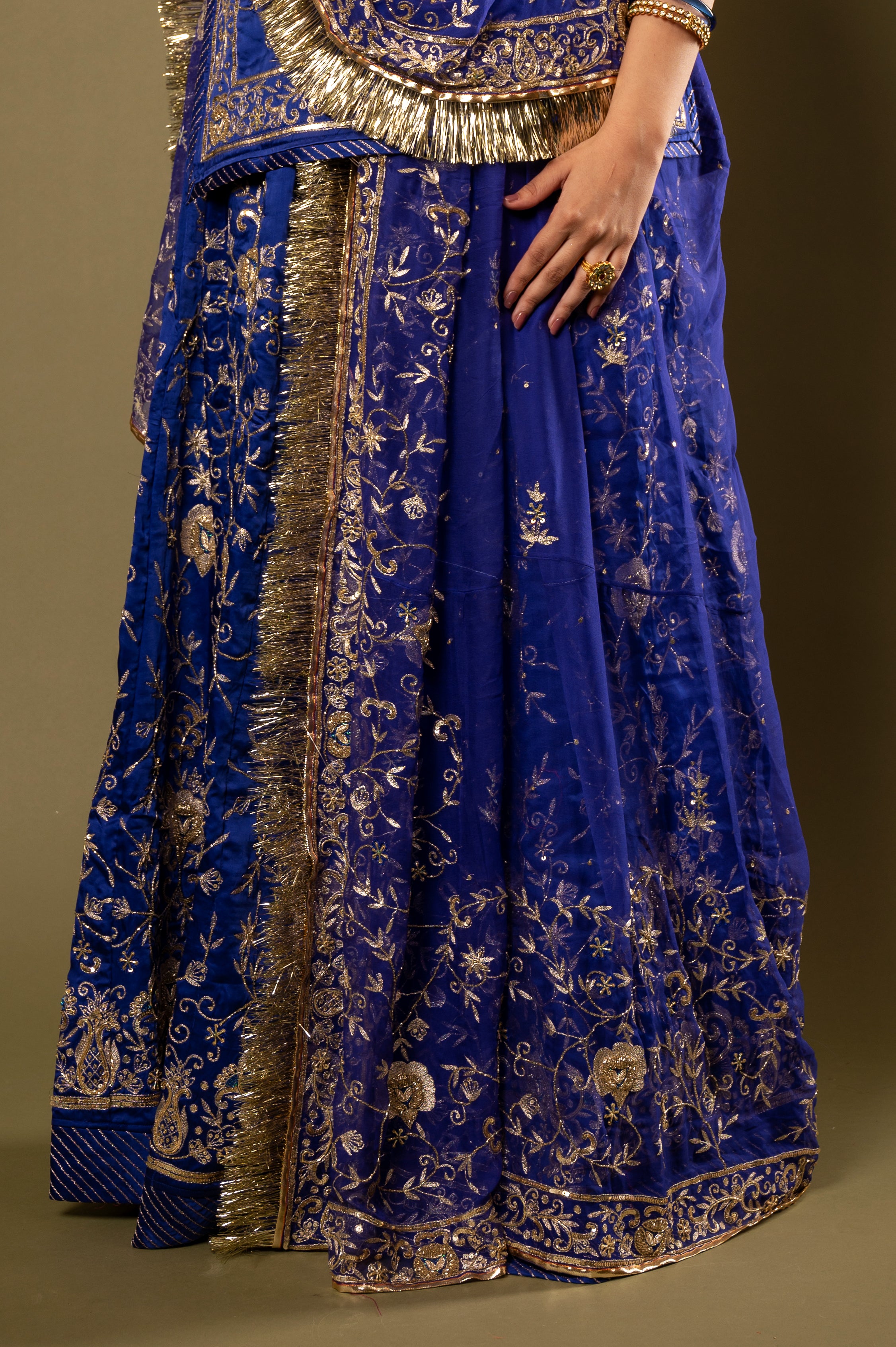 Blue light dark bamber satin Aari Kardana Sequins Jaal handwork Rajputi Poshak with Pure odhna
