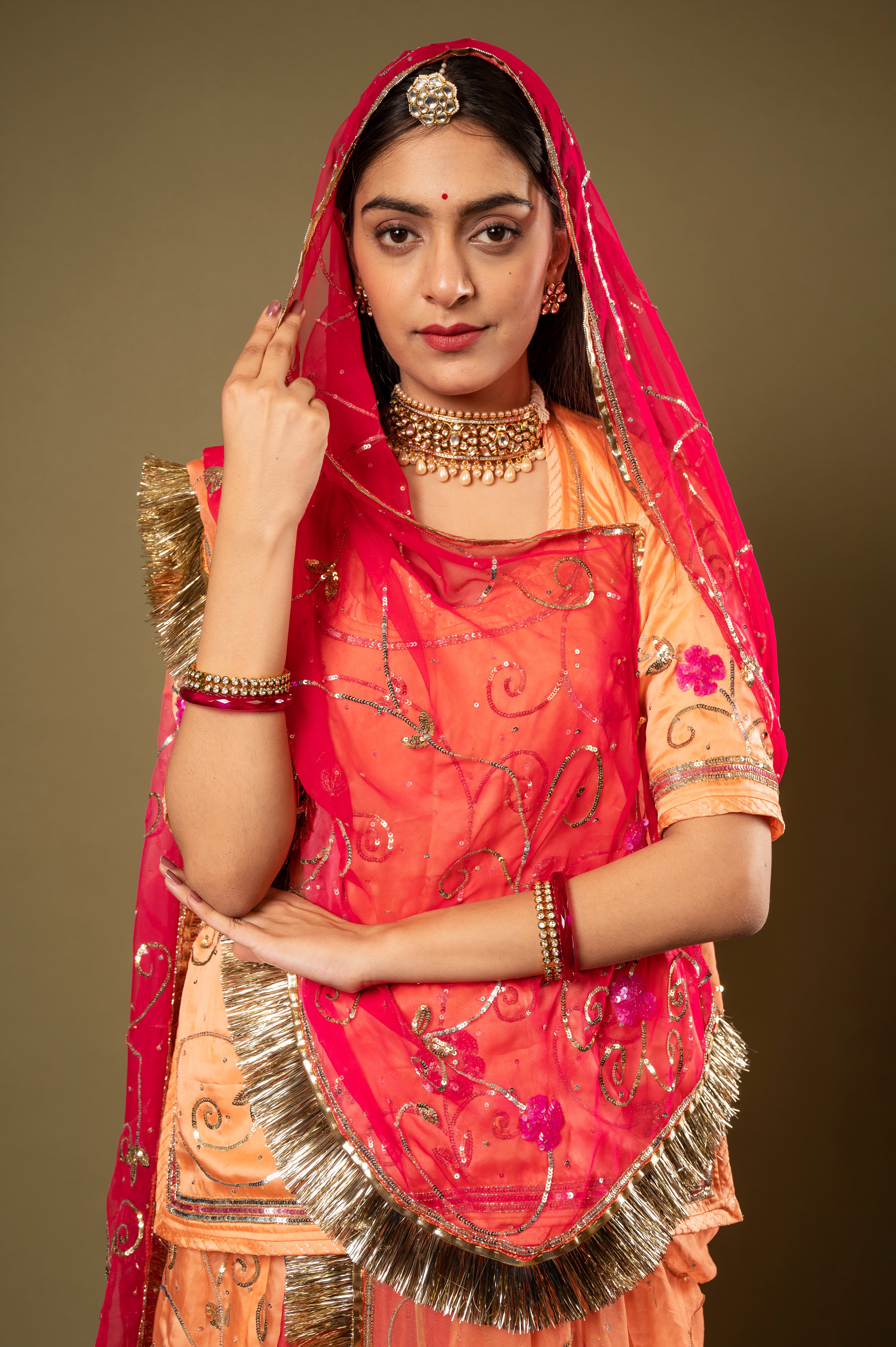 Peach Multi Odhana bamber satin sequins jaal handwork Rajputi Poshak with Pure odhna