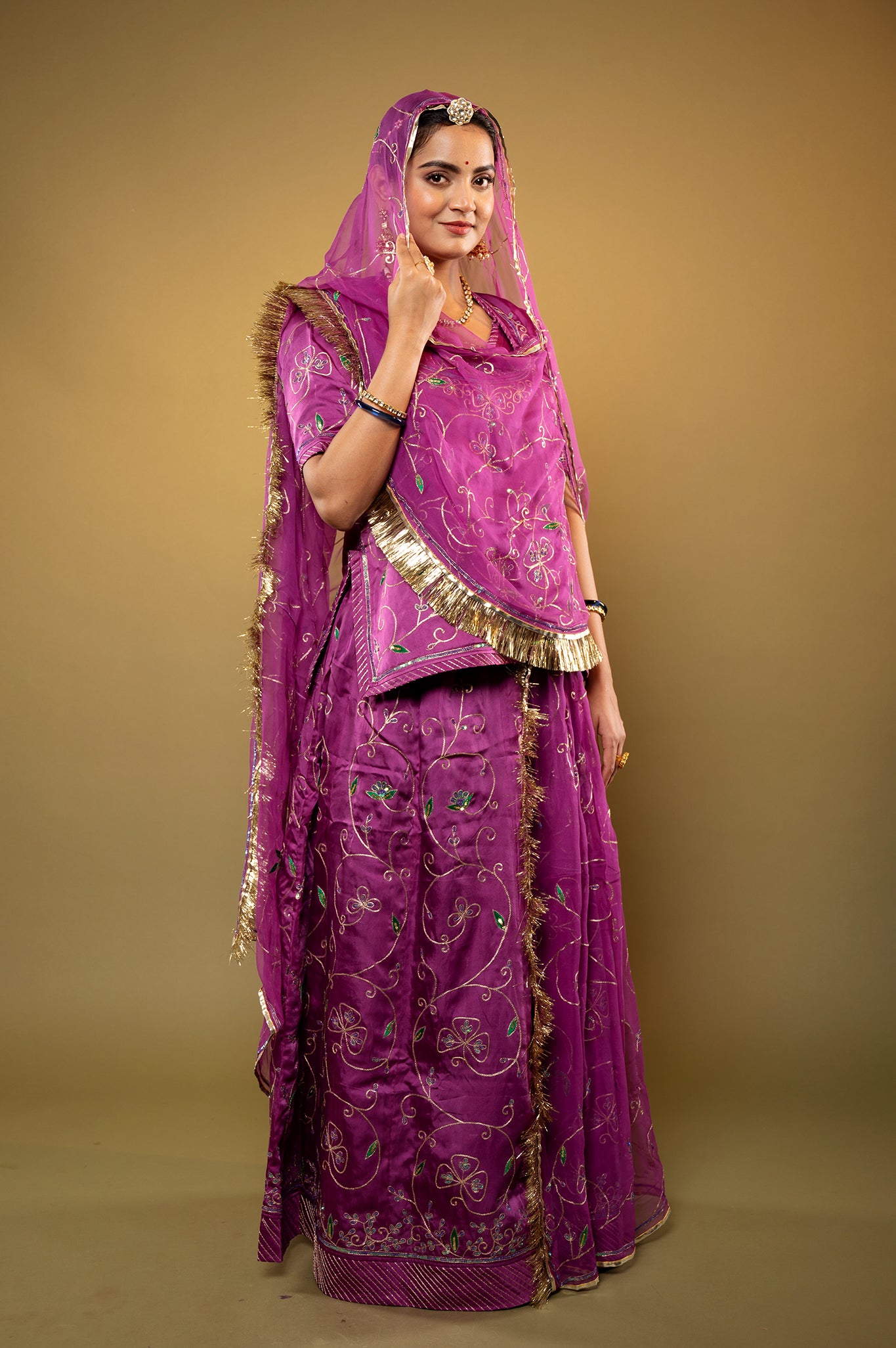 Purple bamber satin aari sequins handwork rajputi Poshak with Pure odhna